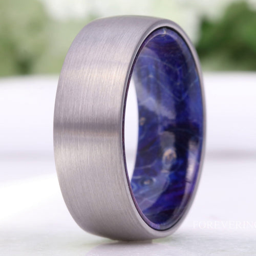 Men's 8mm brushed silver tungsten wedding band with blue elder wood lining