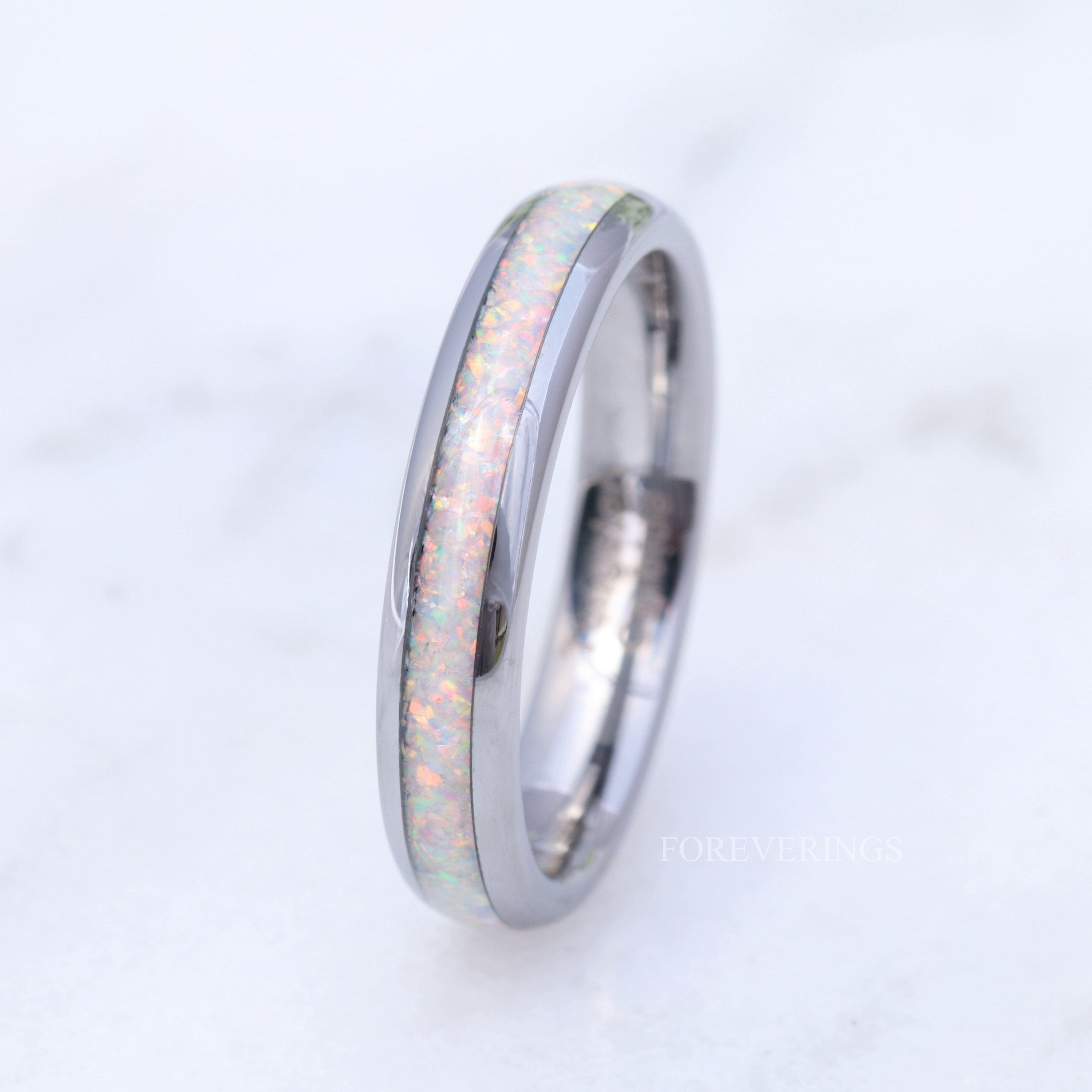 Crushed White Fire Opal Band, Silver Tungsten Wedding Band, No Plating, 4mm Ring, Polished, Dome, Comfort Fit, Unique Ring, Men Women Ring