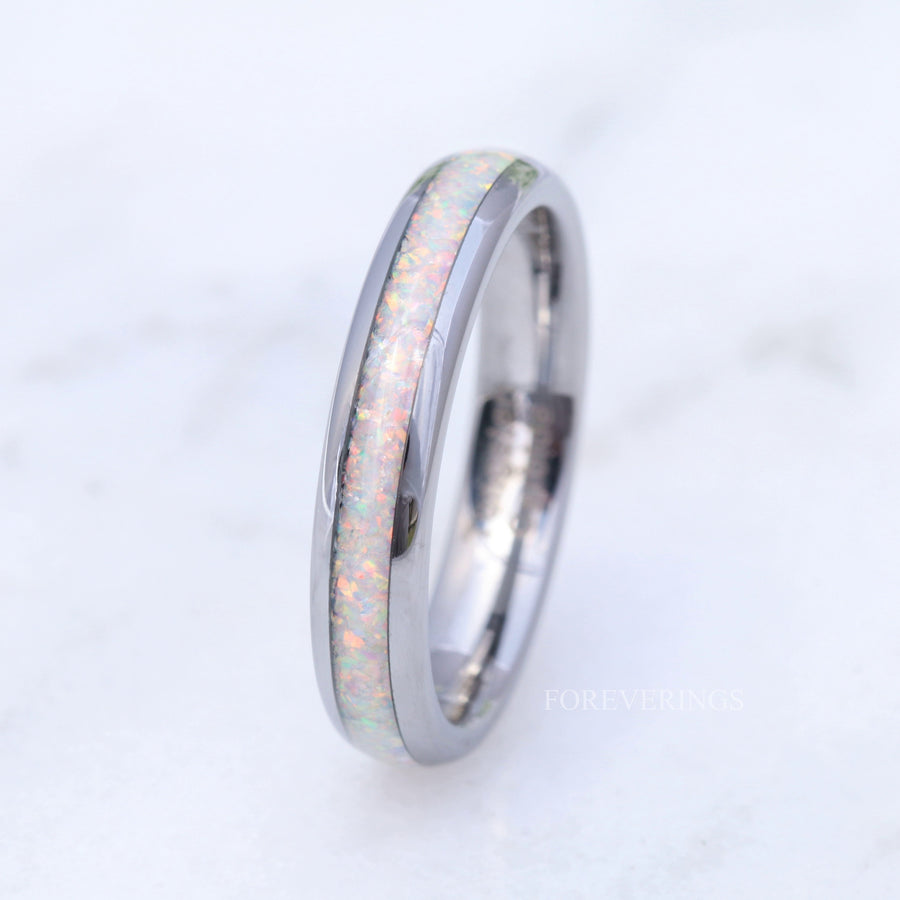 Crushed White Fire Opal Band, Silver Tungsten Wedding Band, No Plating, 4mm Ring, Polished, Dome, Comfort Fit, Unique Ring, Men Women Ring