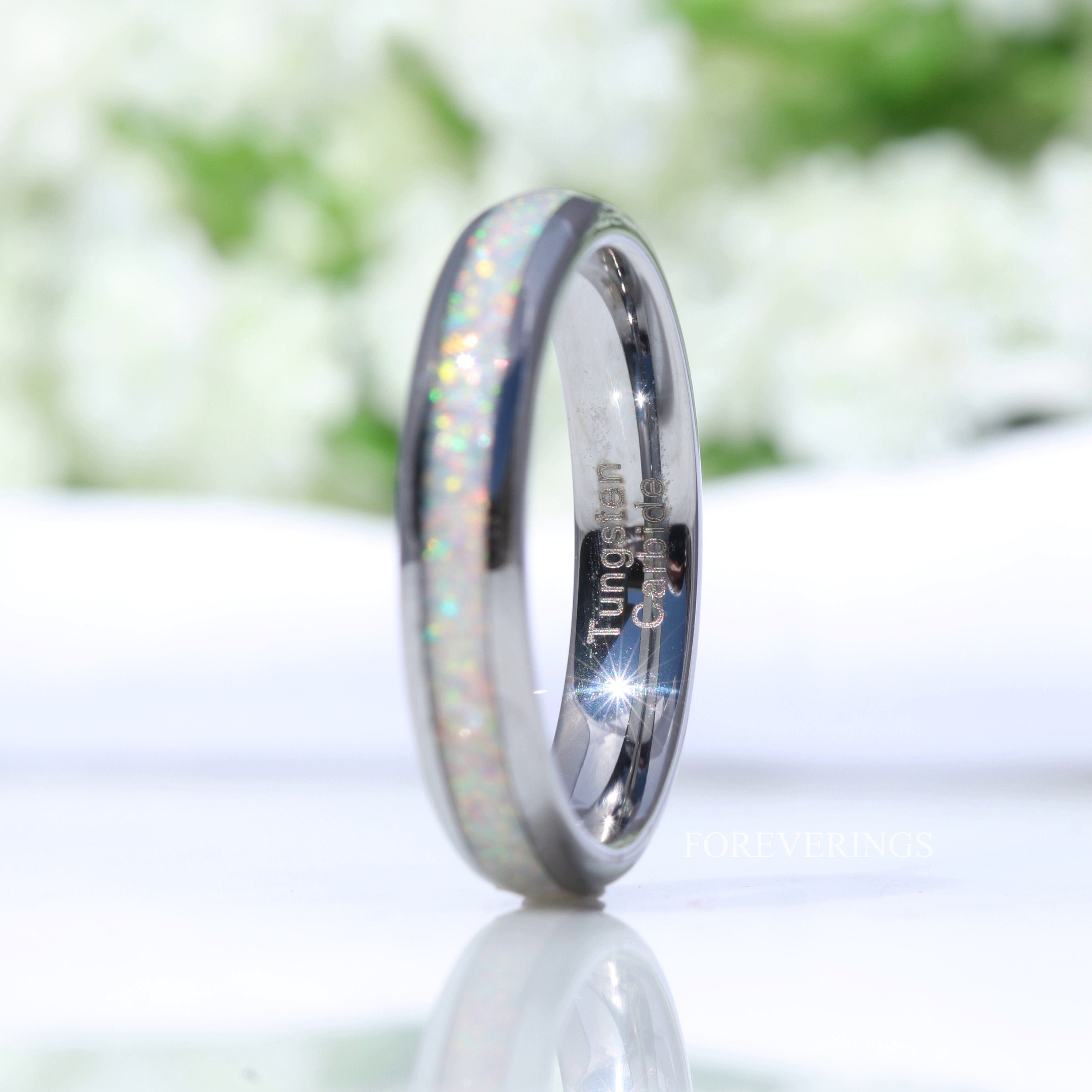 Crushed White Fire Opal Band, Silver Tungsten Wedding Band, No Plating, 4mm Ring, Polished, Dome, Comfort Fit, Unique Ring, Men Women Ring