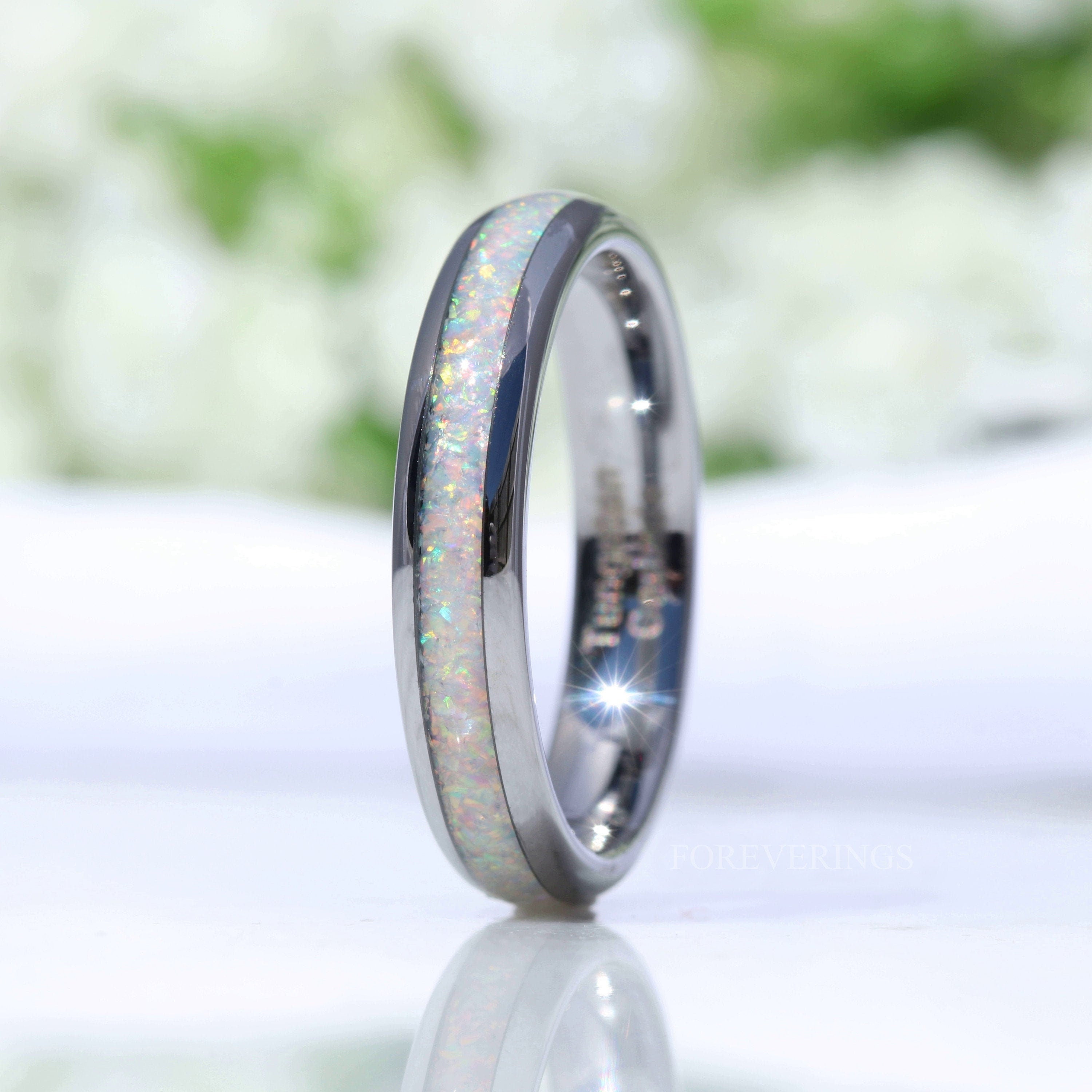 Crushed White Fire Opal Band, Silver Tungsten Wedding Band, No Plating, 4mm Ring, Polished, Dome, Comfort Fit, Unique Ring, Men Women Ring