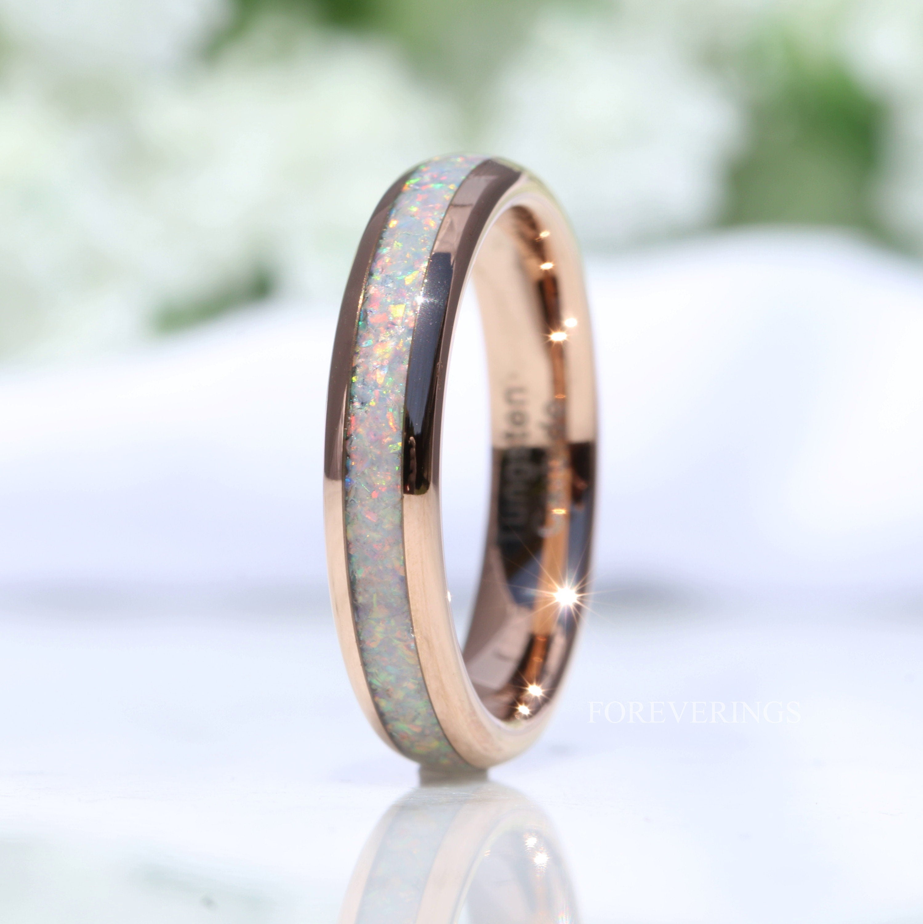 Crushed White Fire Opal Band, Rose Gold Wedding Band, Rose Gold Tungsten Ring, Polished, Dome, Comfort Fit, Unique Ring, Men Women Ring