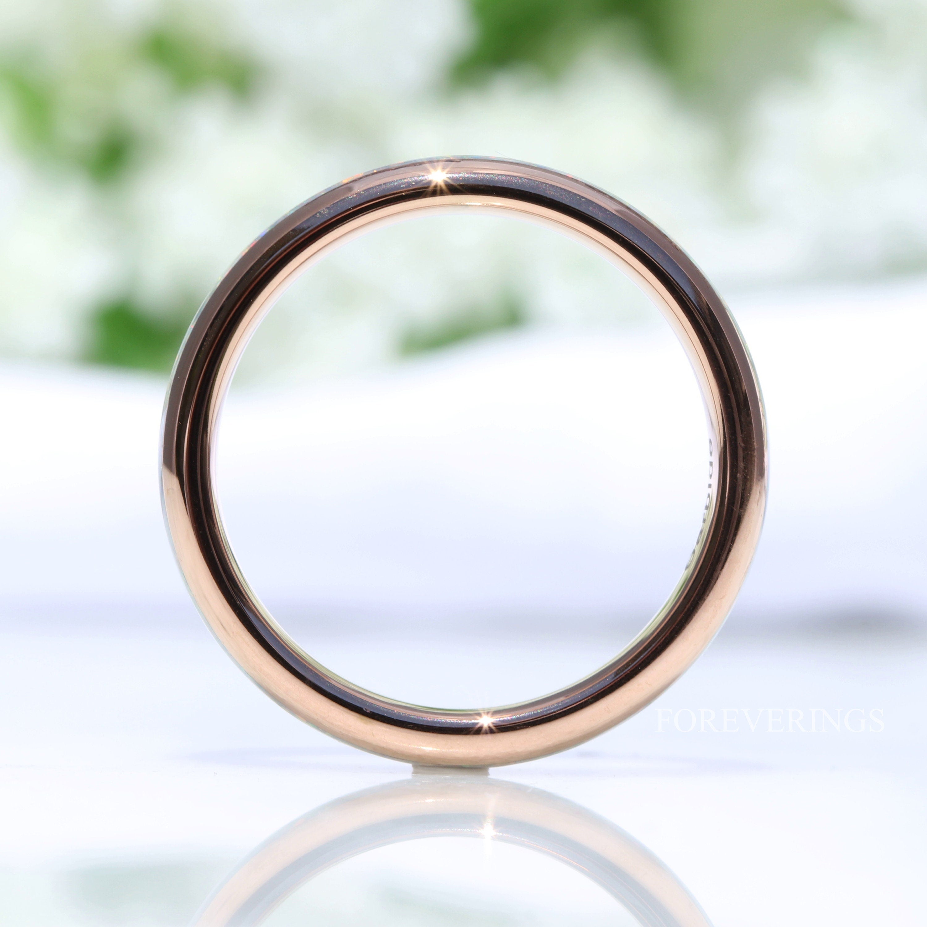 Crushed White Fire Opal Band, Rose Gold Wedding Band, Rose Gold Tungsten Ring, Polished, Dome, Comfort Fit, Unique Ring, Men Women Ring