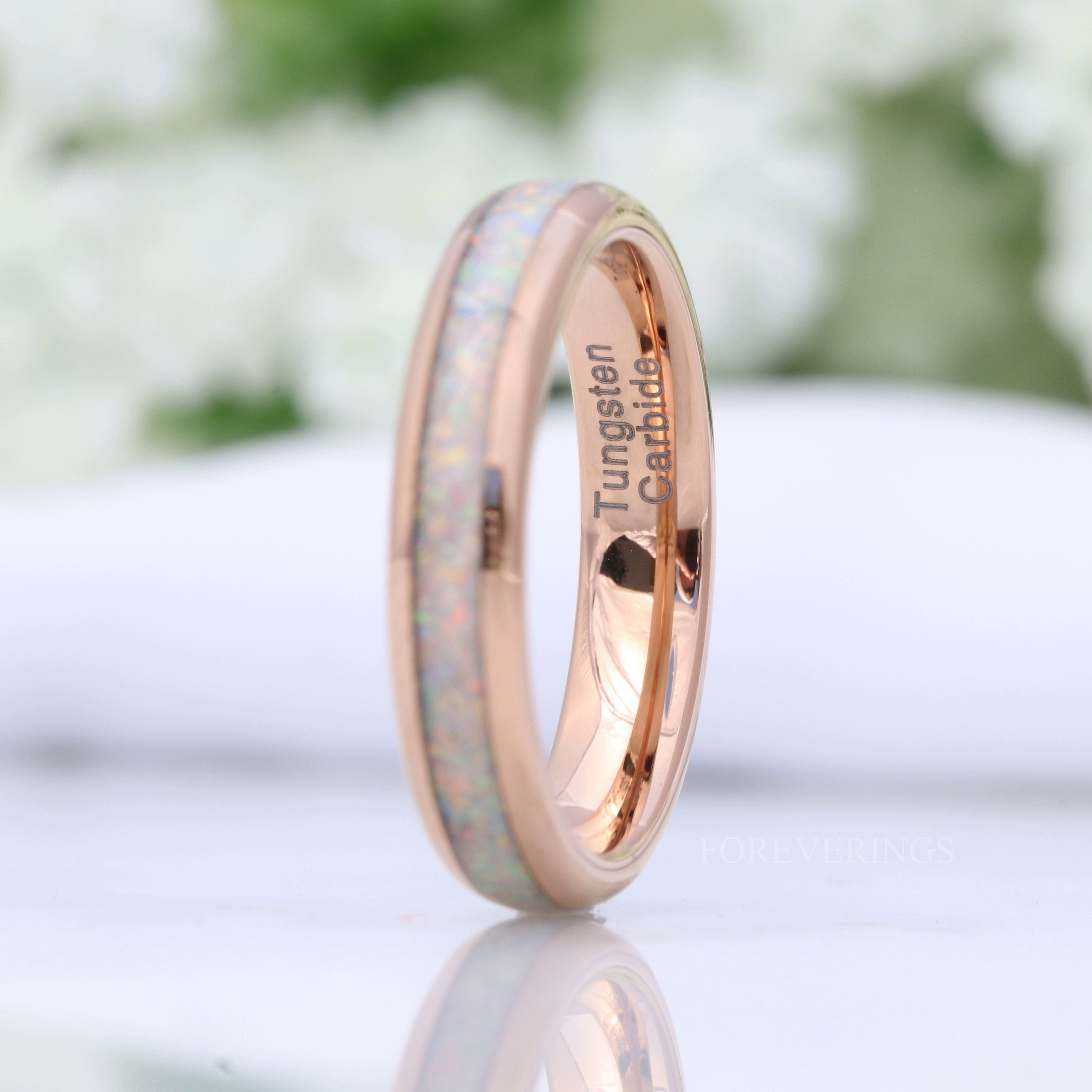 Crushed White Fire Opal Band, Rose Gold Wedding Band, Rose Gold Tungsten Ring, Polished, Dome, Comfort Fit, Unique Ring, Men Women Ring