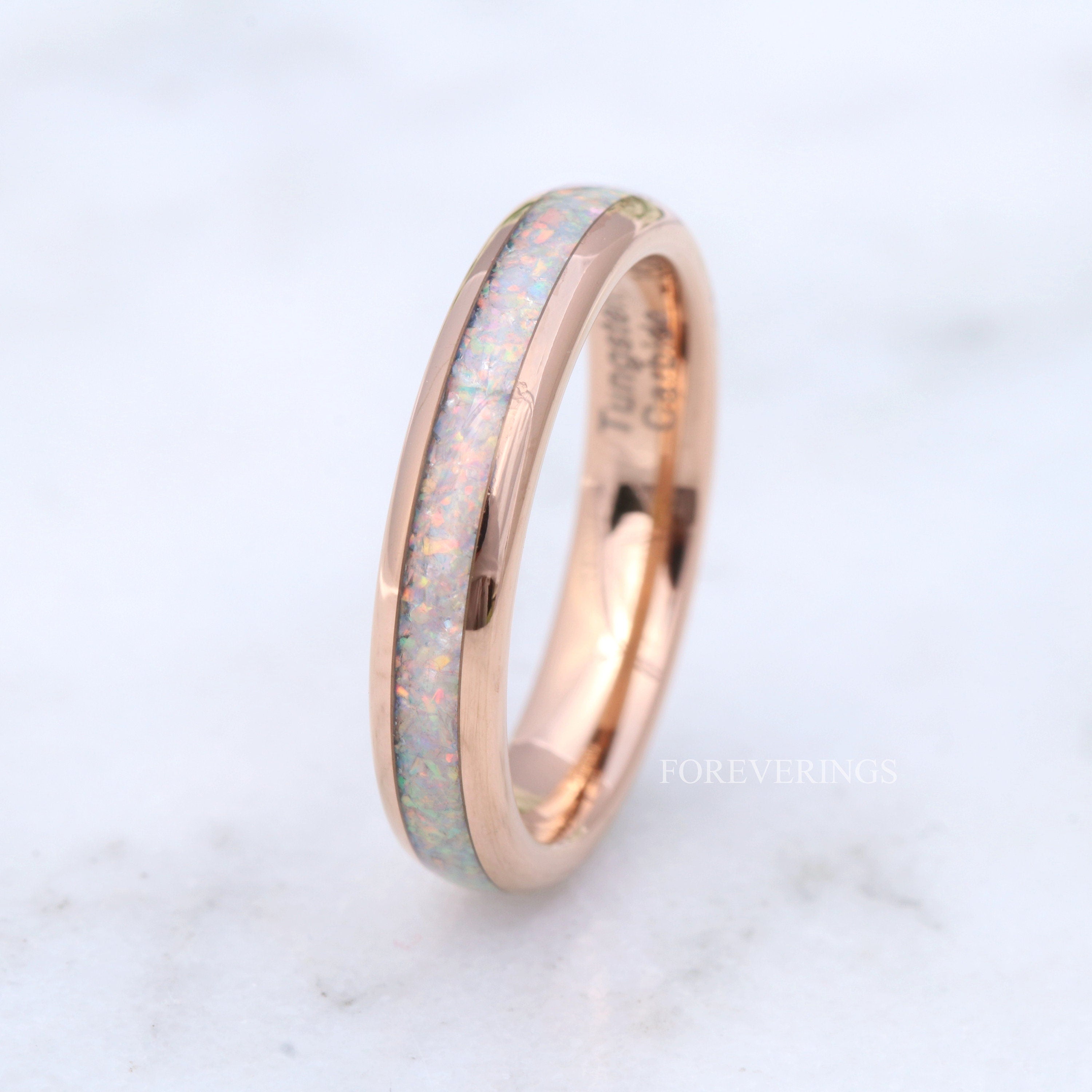 Crushed White Fire Opal Band, Rose Gold Wedding Band, Rose Gold Tungsten Ring, Polished, Dome, Comfort Fit, Unique Ring, Men Women Ring