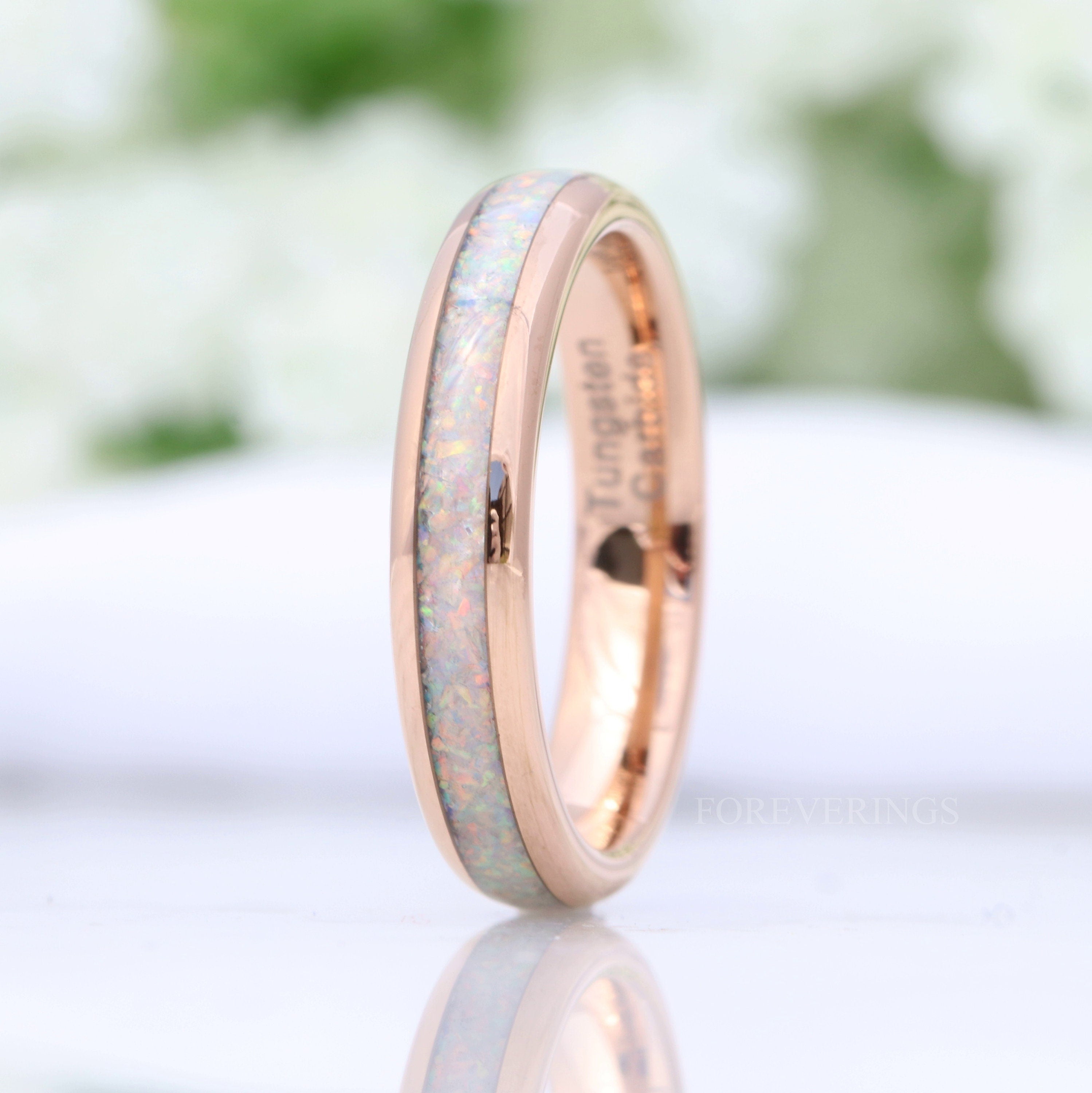 Crushed White Fire Opal Band, Rose Gold Wedding Band, Rose Gold Tungsten Ring, Polished, Dome, Comfort Fit, Unique Ring, Men Women Ring