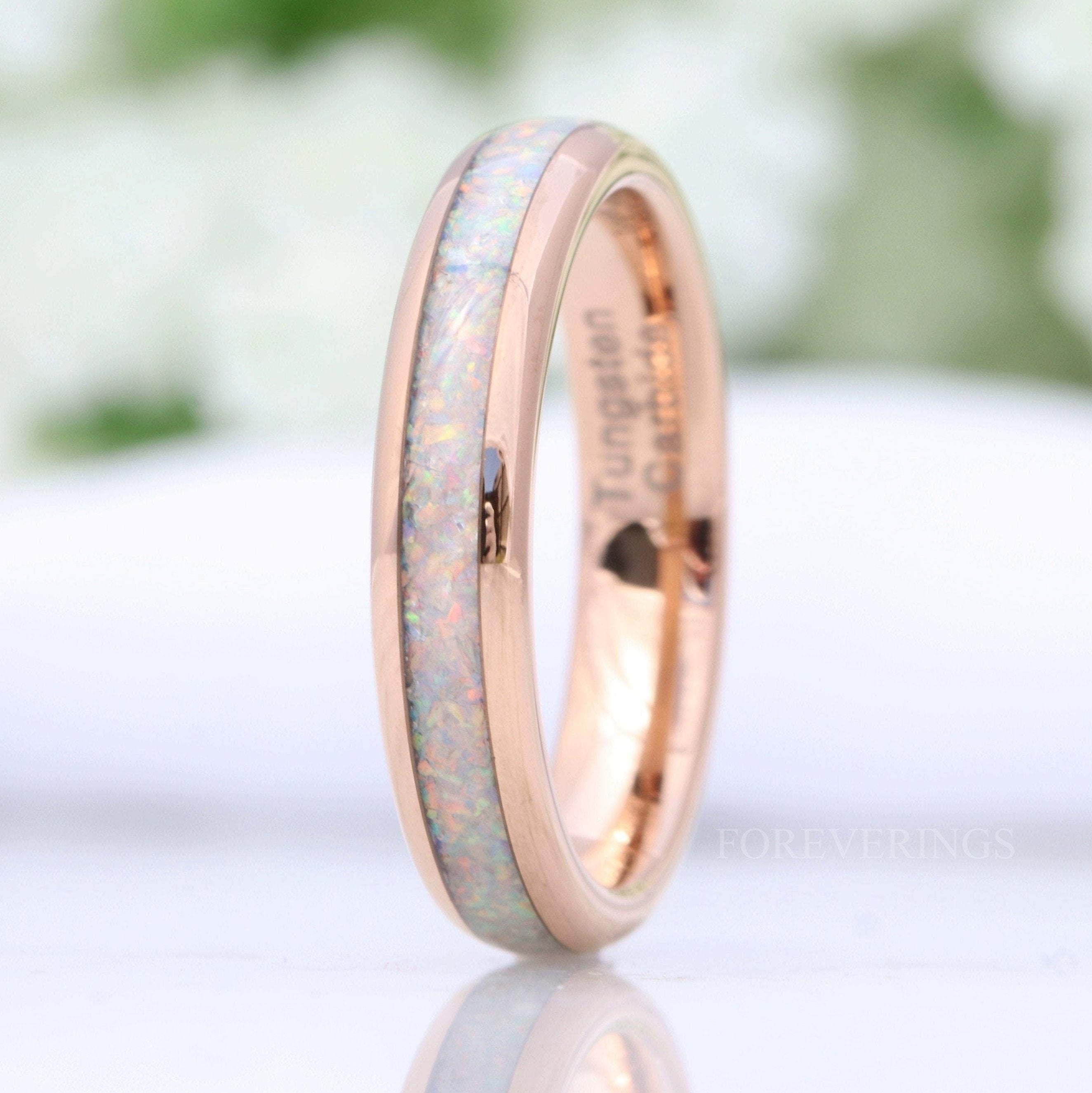 Crushed White Fire Opal Band, Rose Gold Wedding Band, Rose Gold Tungsten Ring, Polished, Dome, Comfort Fit, Unique Ring, Men Women Ring