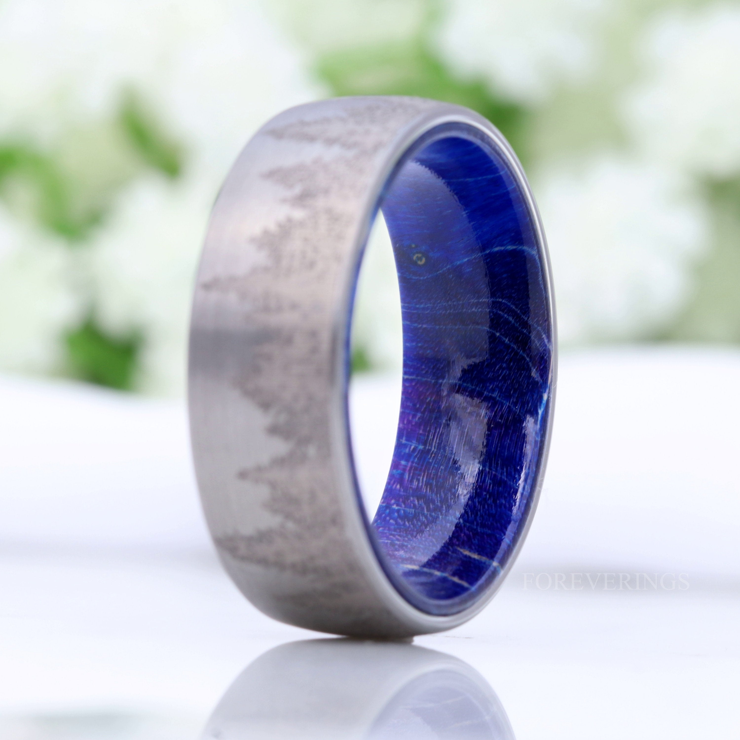 Men Silver Forest Band with Blue Wood, Men Tungsten Wedding Band, Pine Trees Band, Brushed, Nature Landscape Ring, Dome, Comfort Fit