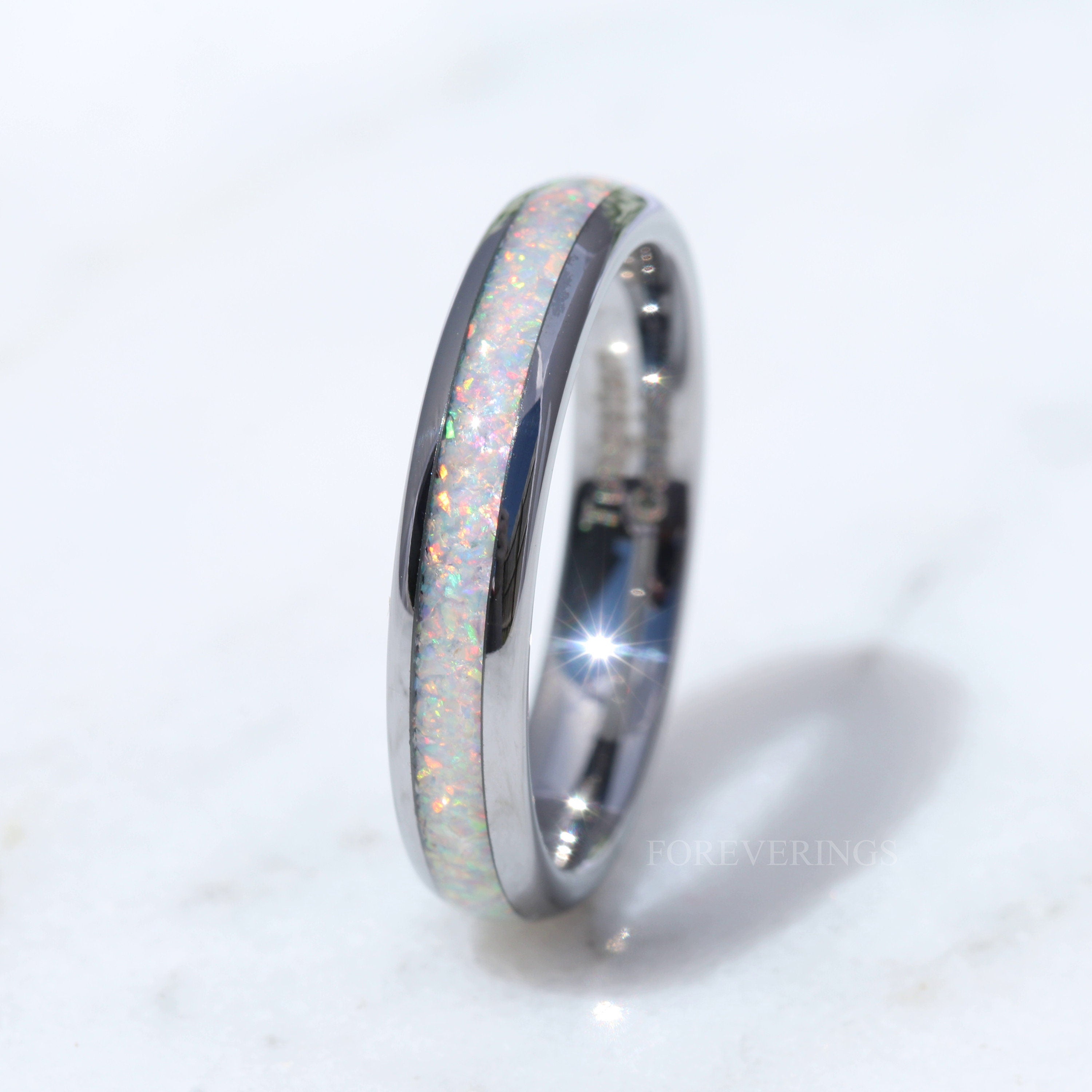 Crushed White Fire Opal Band, Silver Tungsten Wedding Band, No Plating, 4mm Ring, Polished, Dome, Comfort Fit, Unique Ring, Men Women Ring