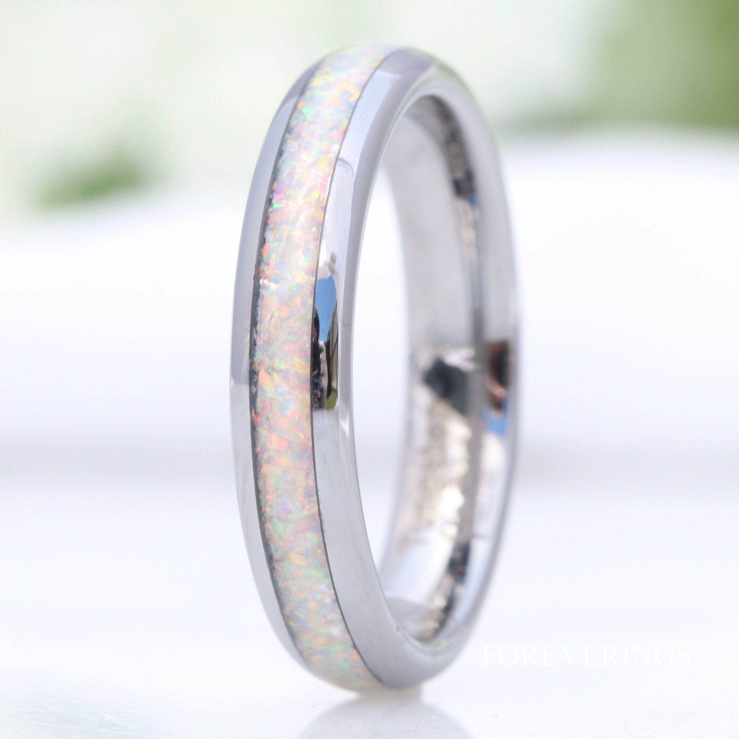 Crushed White Fire Opal Band, Silver Tungsten Wedding Band, No Plating, 4mm Ring, Polished, Dome, Comfort Fit, Unique Ring, Men Women Ring