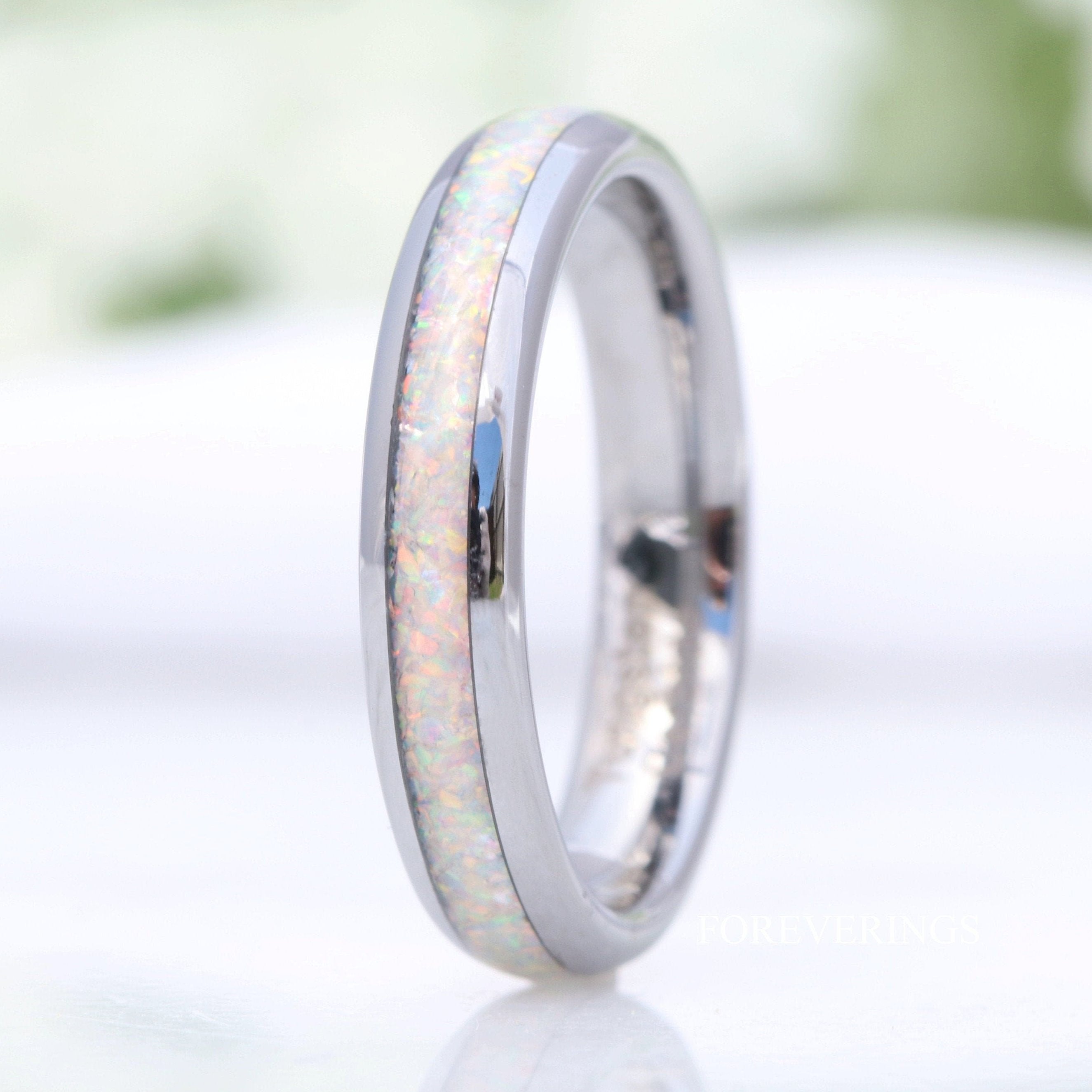 Crushed White Fire Opal Band, Silver Tungsten Wedding Band, No Plating, 4mm Ring, Polished, Dome, Comfort Fit, Unique Ring, Men Women Ring