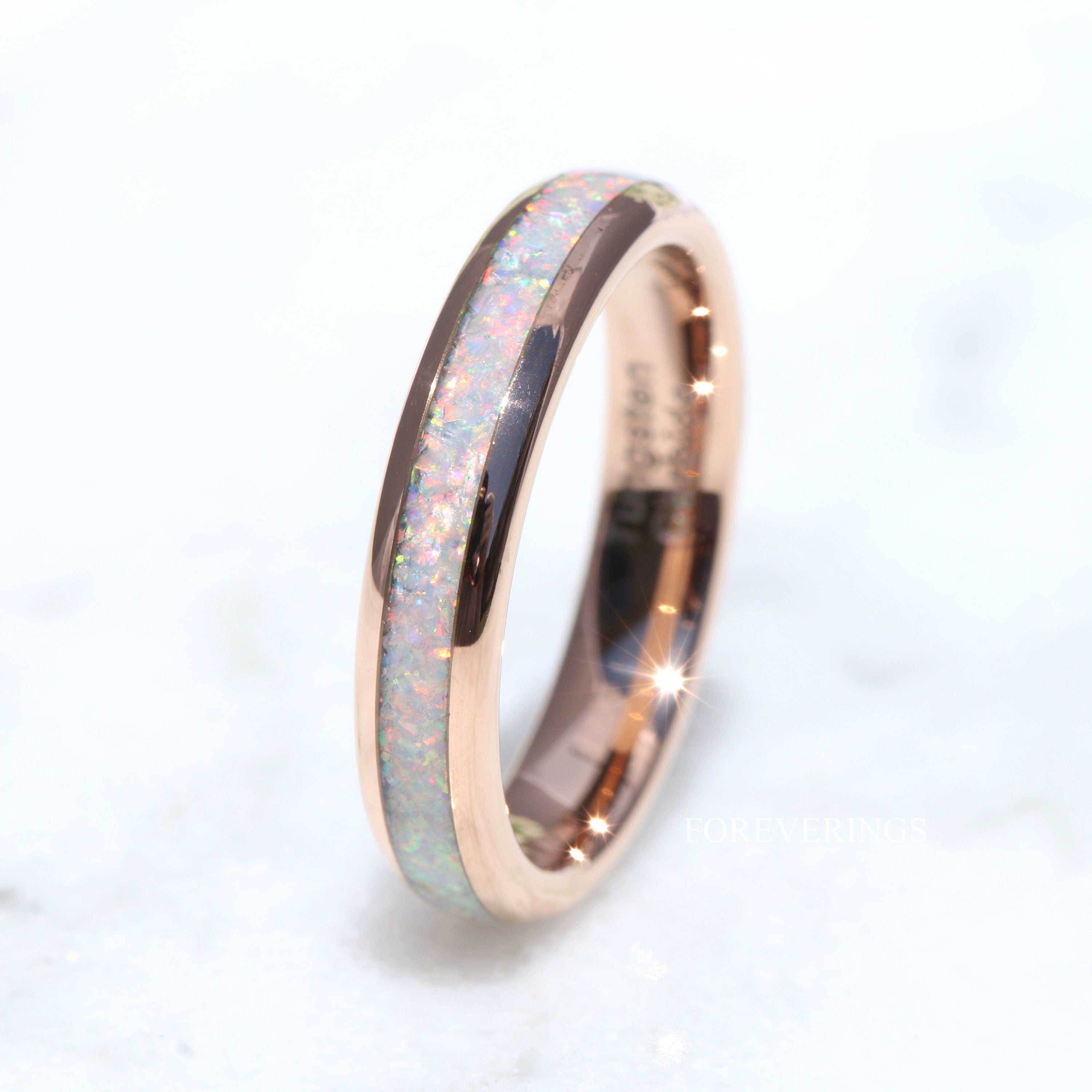 Crushed White Fire Opal Band, Rose Gold Wedding Band, Rose Gold Tungsten Ring, Polished, Dome, Comfort Fit, Unique Ring, Men Women Ring