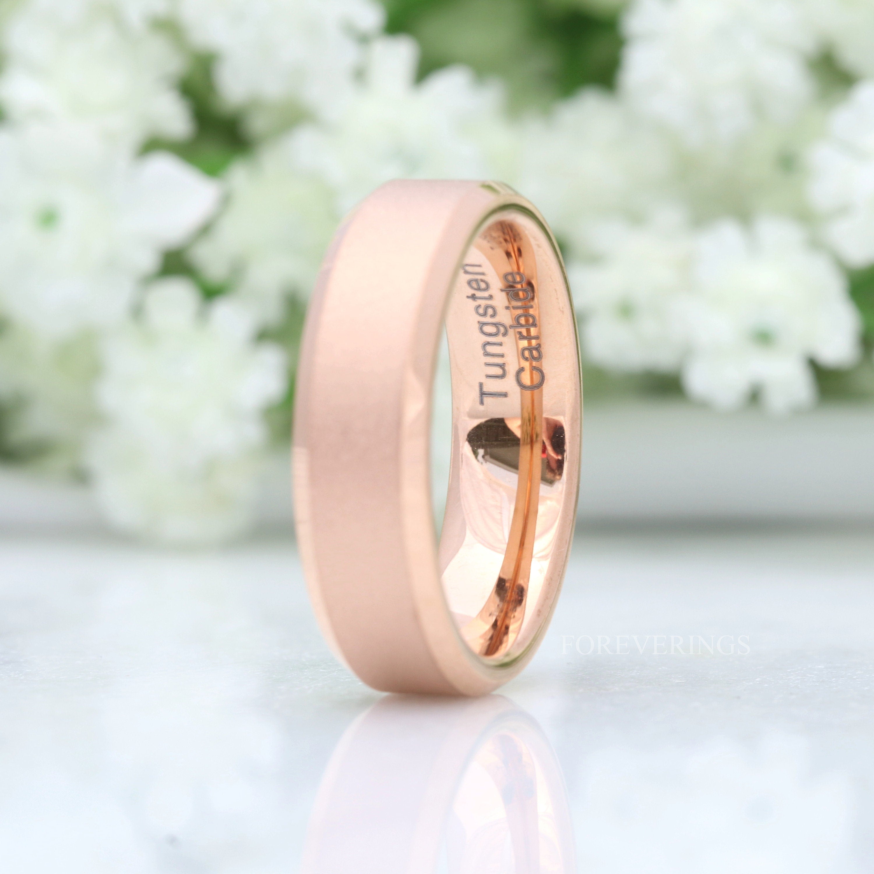 His and Hers Tungsten Wedding Band Set, Couples Rings, 6mm & 4mm Rose Gold Tungsten Rings, Comfort Fit, Sandblasted, Flat, Beveled, Unique