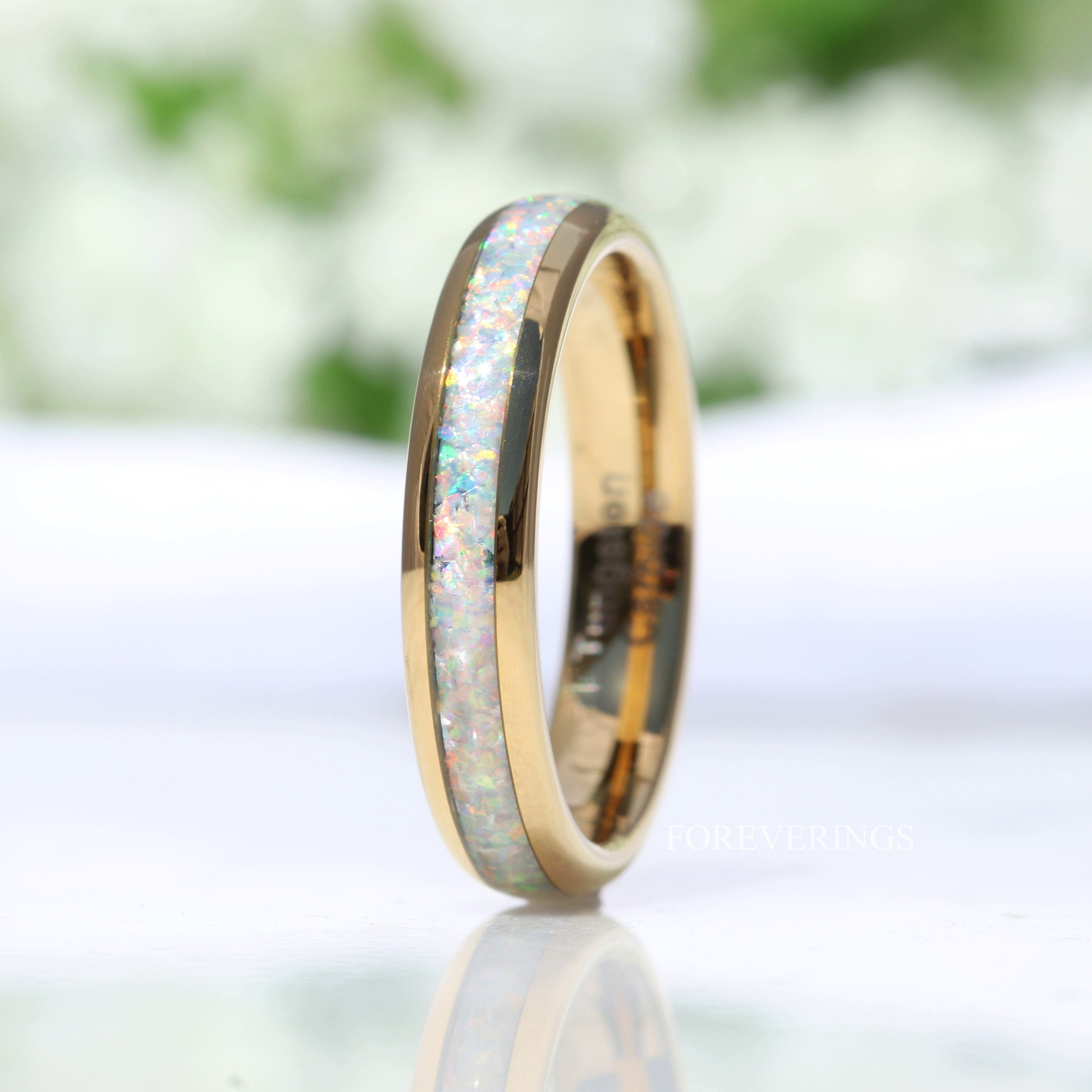 Crushed White Fire Opal Band, Gold Tungsten Wedding Ring, Yellow Gold, Polished, Dome, Comfort Fit, Unique Ring, Men Women Ring, Engrave