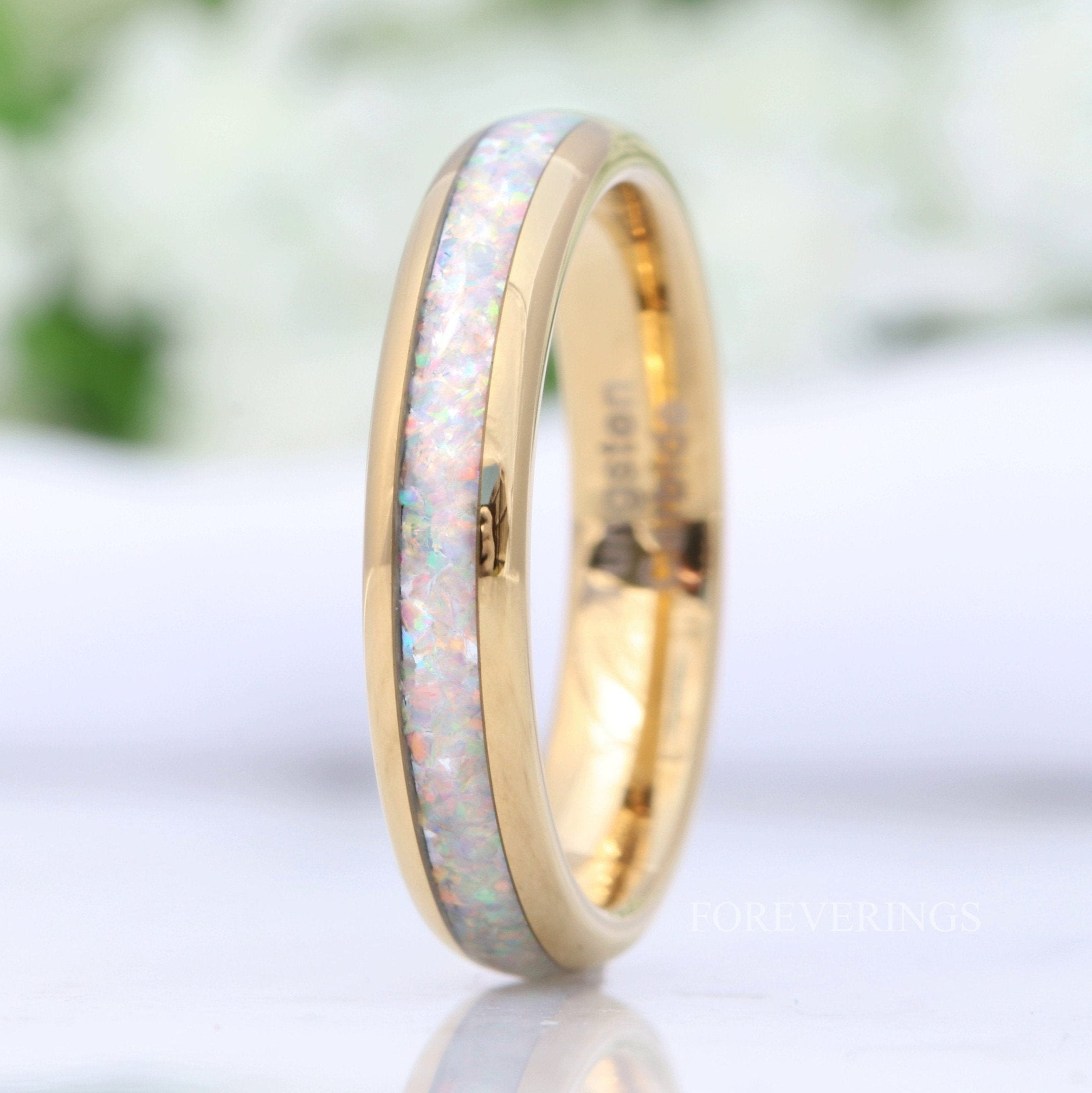 Crushed White Fire Opal Band, Gold Tungsten Wedding Ring, Yellow Gold, Polished, Dome, Comfort Fit, Unique Ring, Men Women Ring, Engrave