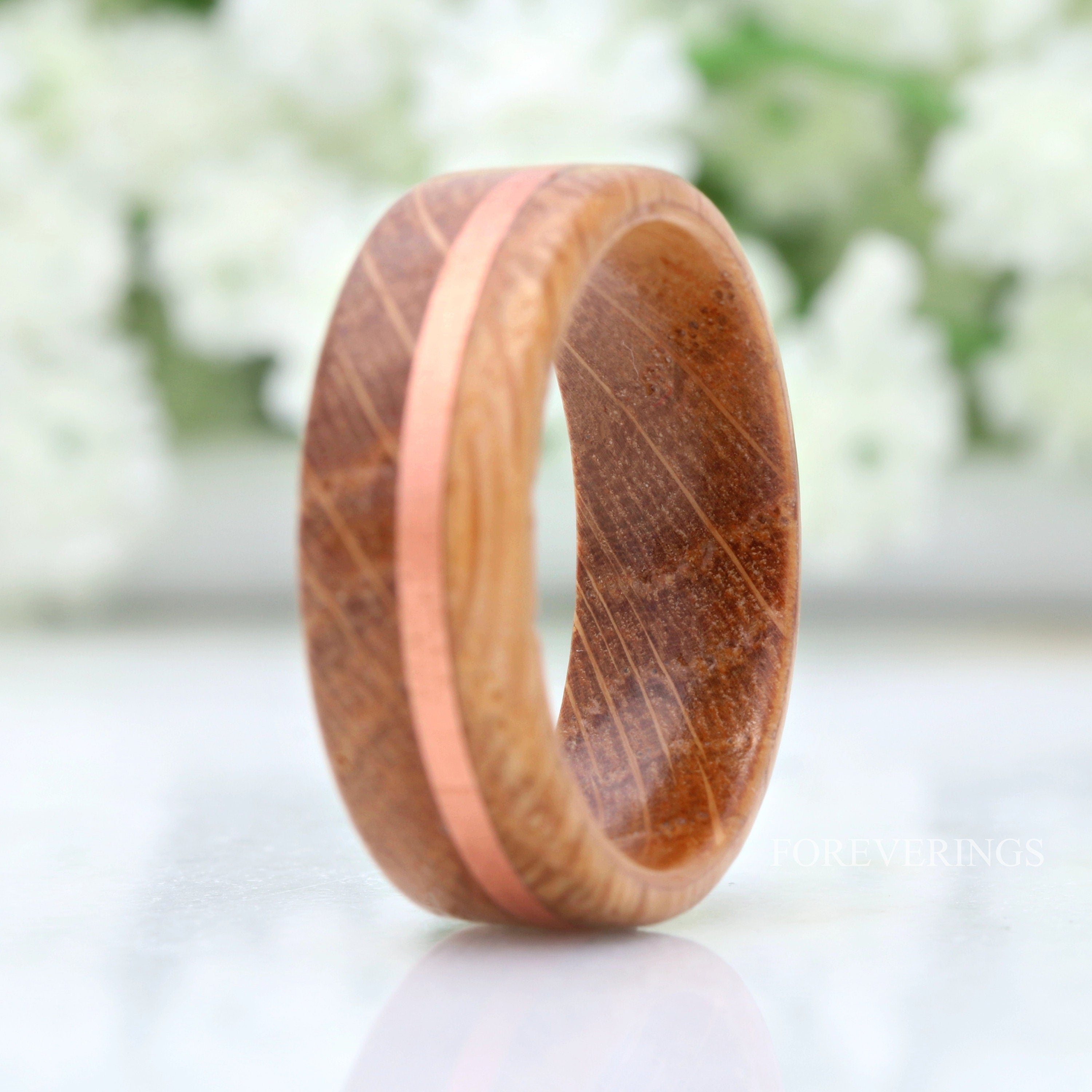 8mm Whiskey Barrel Ring, Men Wood Wedding Band, Wood Ring with Copper Inlay, Polished, Comfort Fit, Flat, Birthday Anniversary Gift for Him