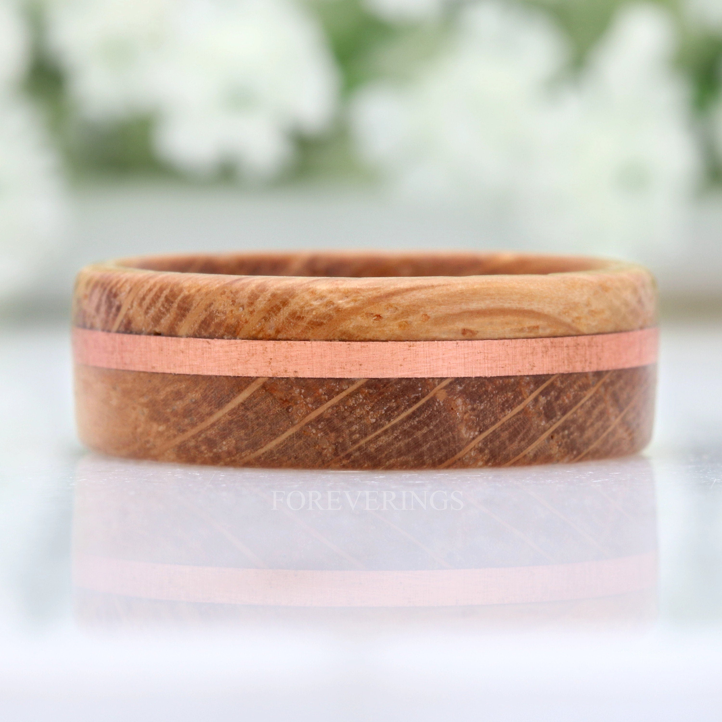 8mm Whiskey Barrel Ring, Men Wood Wedding Band, Wood Ring with Copper Inlay, Polished, Comfort Fit, Flat, Birthday Anniversary Gift for Him