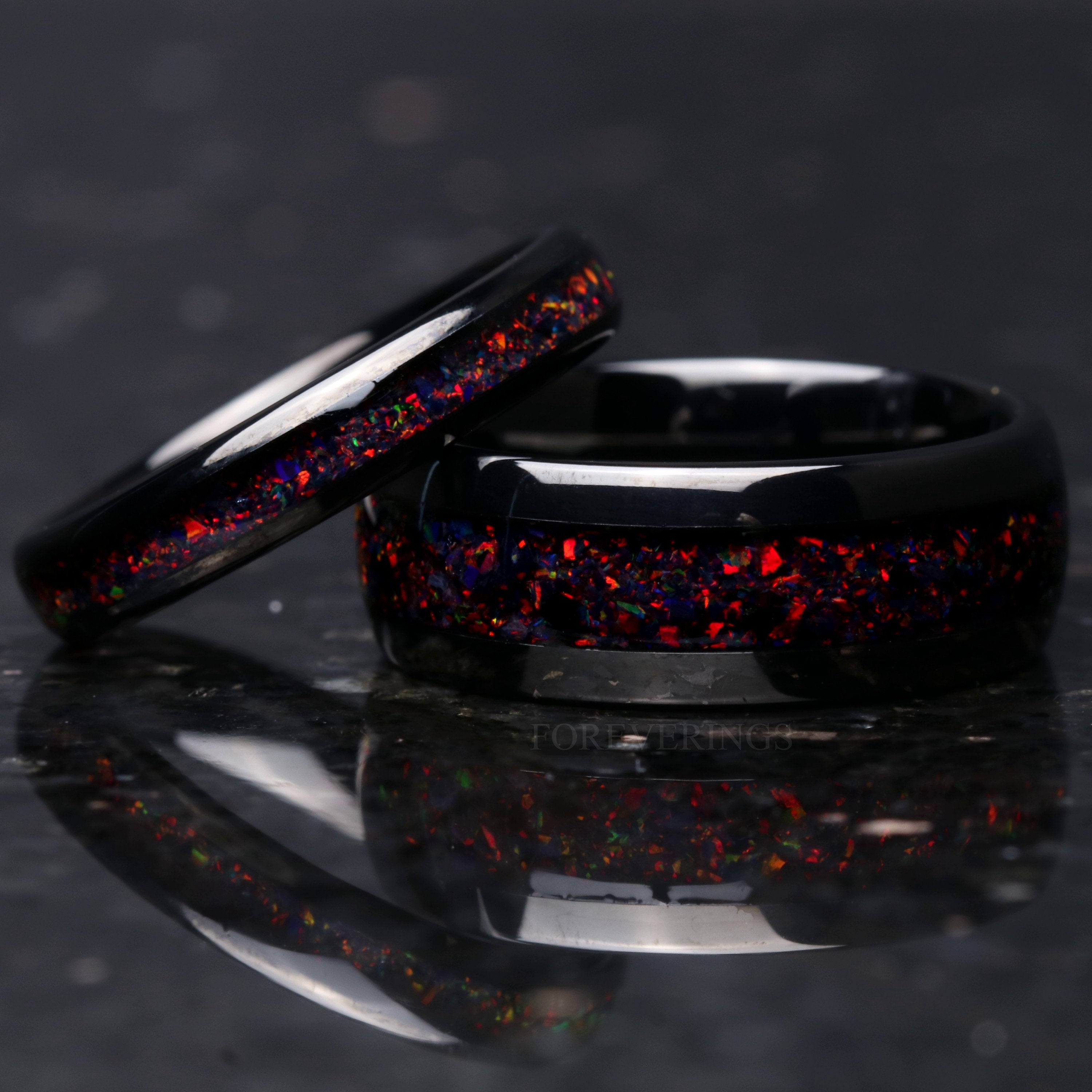 His and Hers Tungsten Wedding Band, Crushed Black Fire Opal Ring, 8mm & 4mm Black Tungsten Ring Set, Couples Ring, Polish, Dome, Comfort Fit