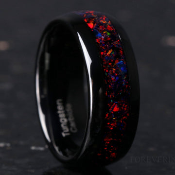Black Fire Opal Wedding Band | Domed Tungsten Ring