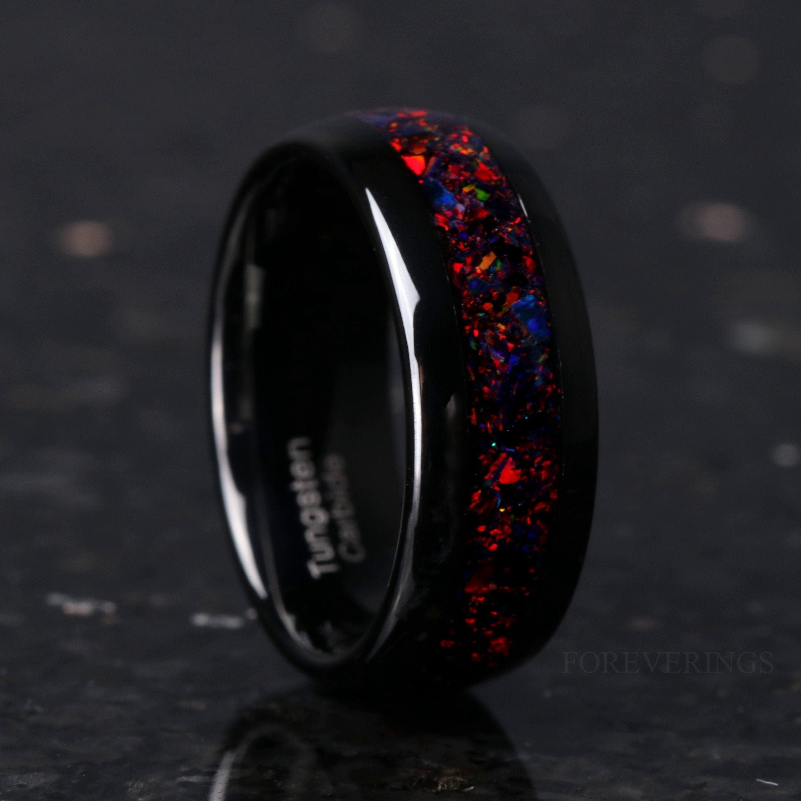 Black Opal Tungsten Ring, Black Wedding Band, 8mm-6mm-4mm, Man Woman Band, Black Fire Opal, Polished, Dome, Black and Red Ring, Engraving