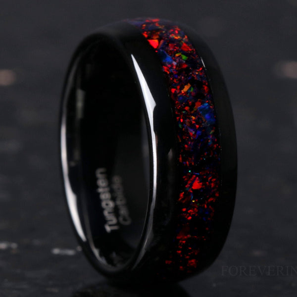 Black Fire Opal Wedding Band | Domed Tungsten Ring
