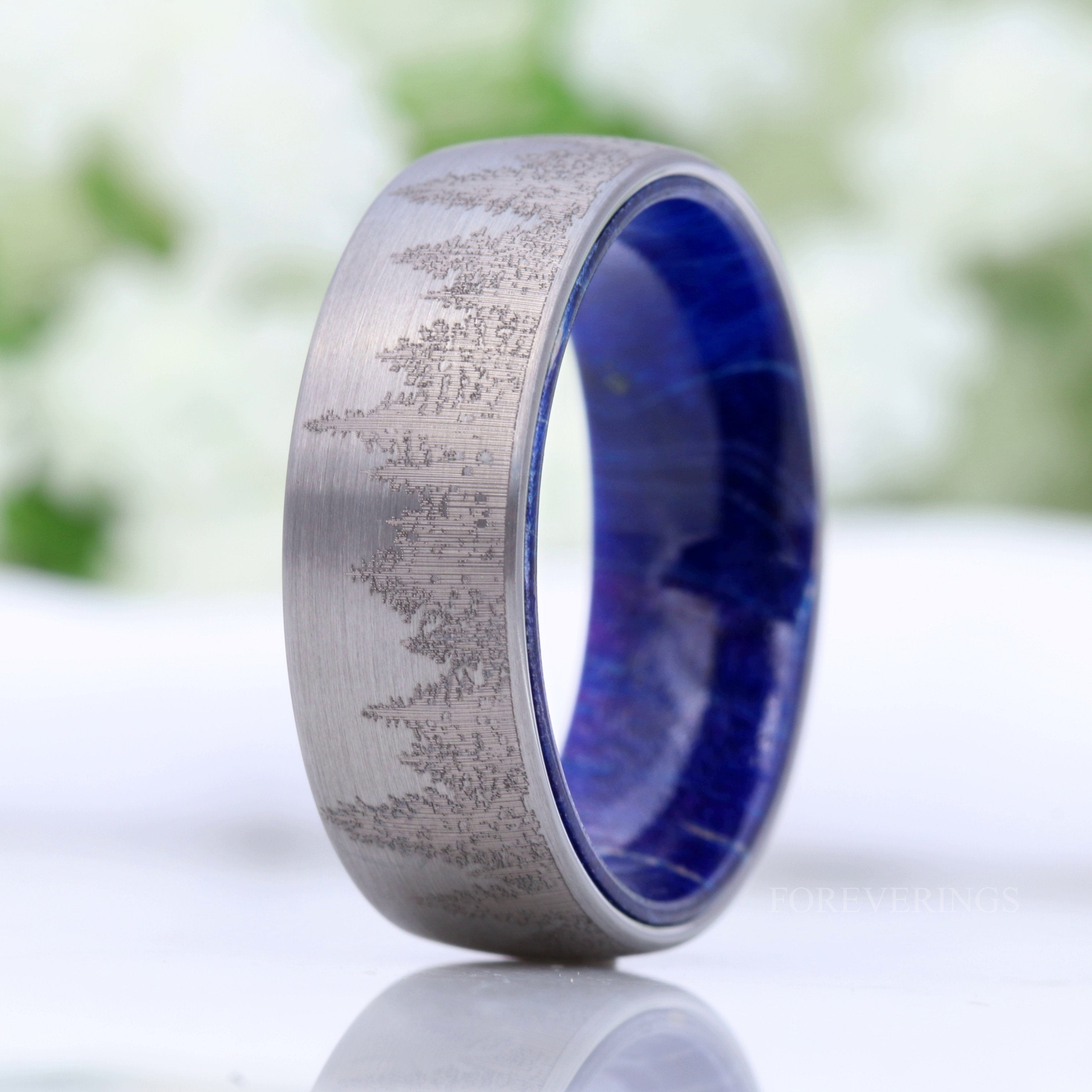 Men Silver Forest Band with Blue Wood, Men Tungsten Wedding Band, Pine Trees Band, Brushed, Nature Landscape Ring, Dome, Comfort Fit