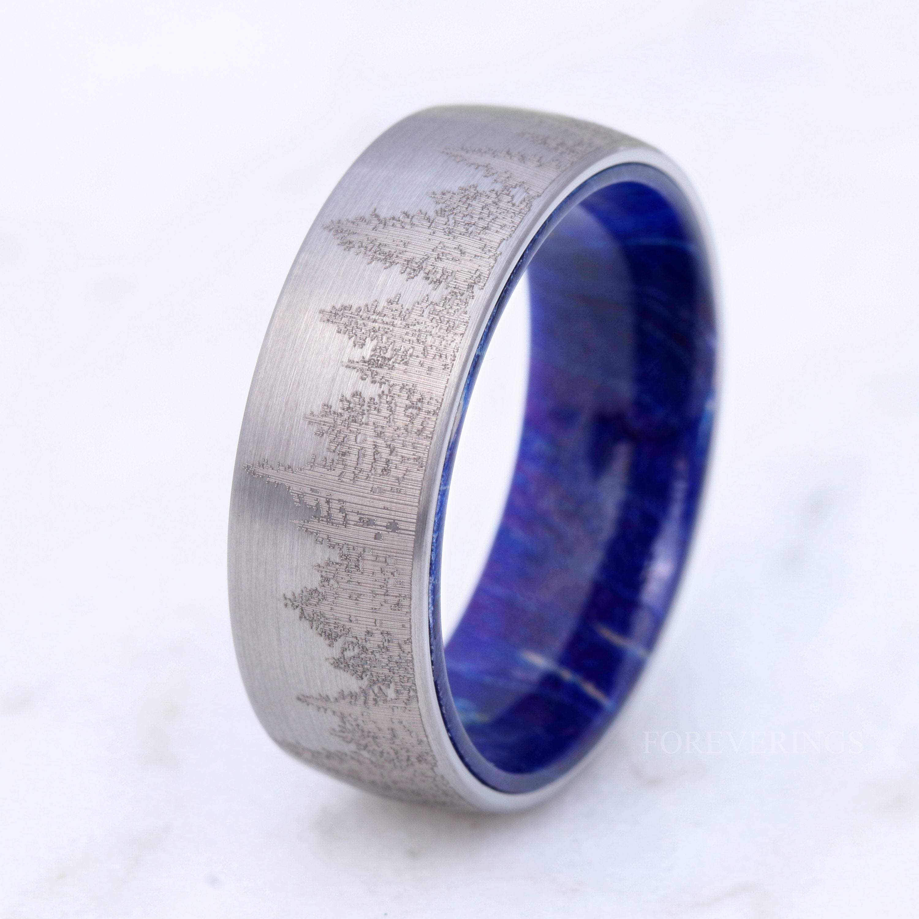 Men Silver Forest Band with Blue Wood, Men Tungsten Wedding Band, Pine Trees Band, Brushed, Nature Landscape Ring, Dome, Comfort Fit