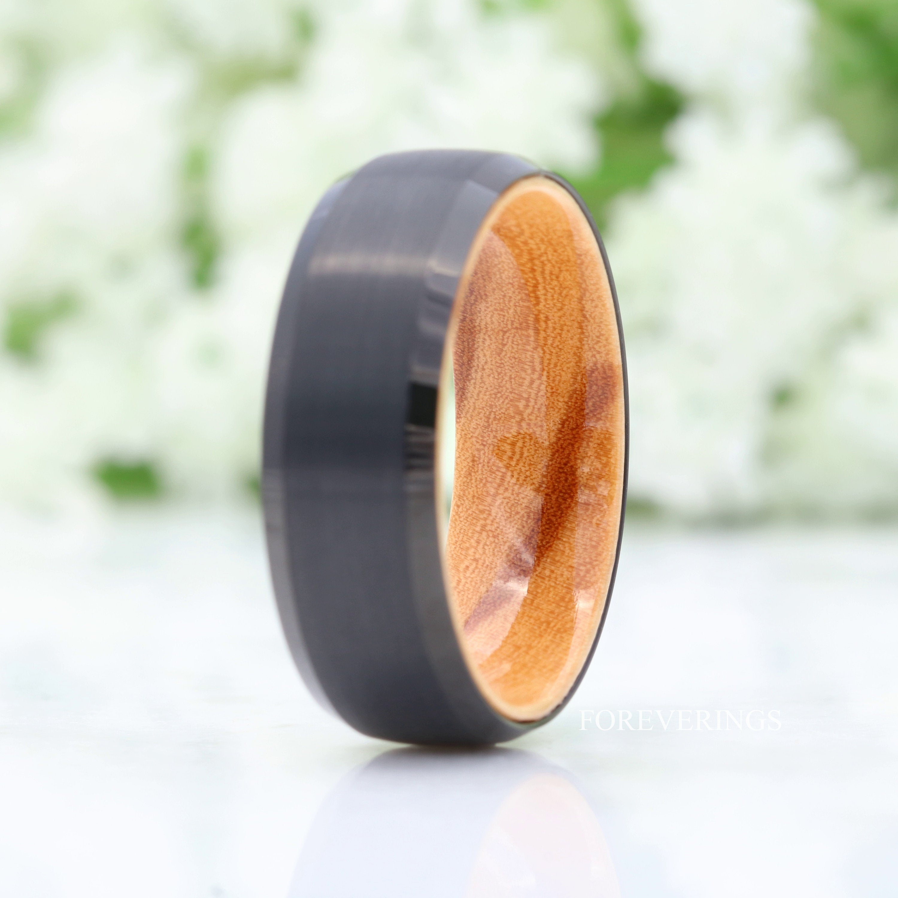 Olive Wood and Tungsten Wedding Band, 8mm Black Band, Matte Brushed, Comfort Fit, Dome, Bevel, Birthday Anniversary Gift for Him