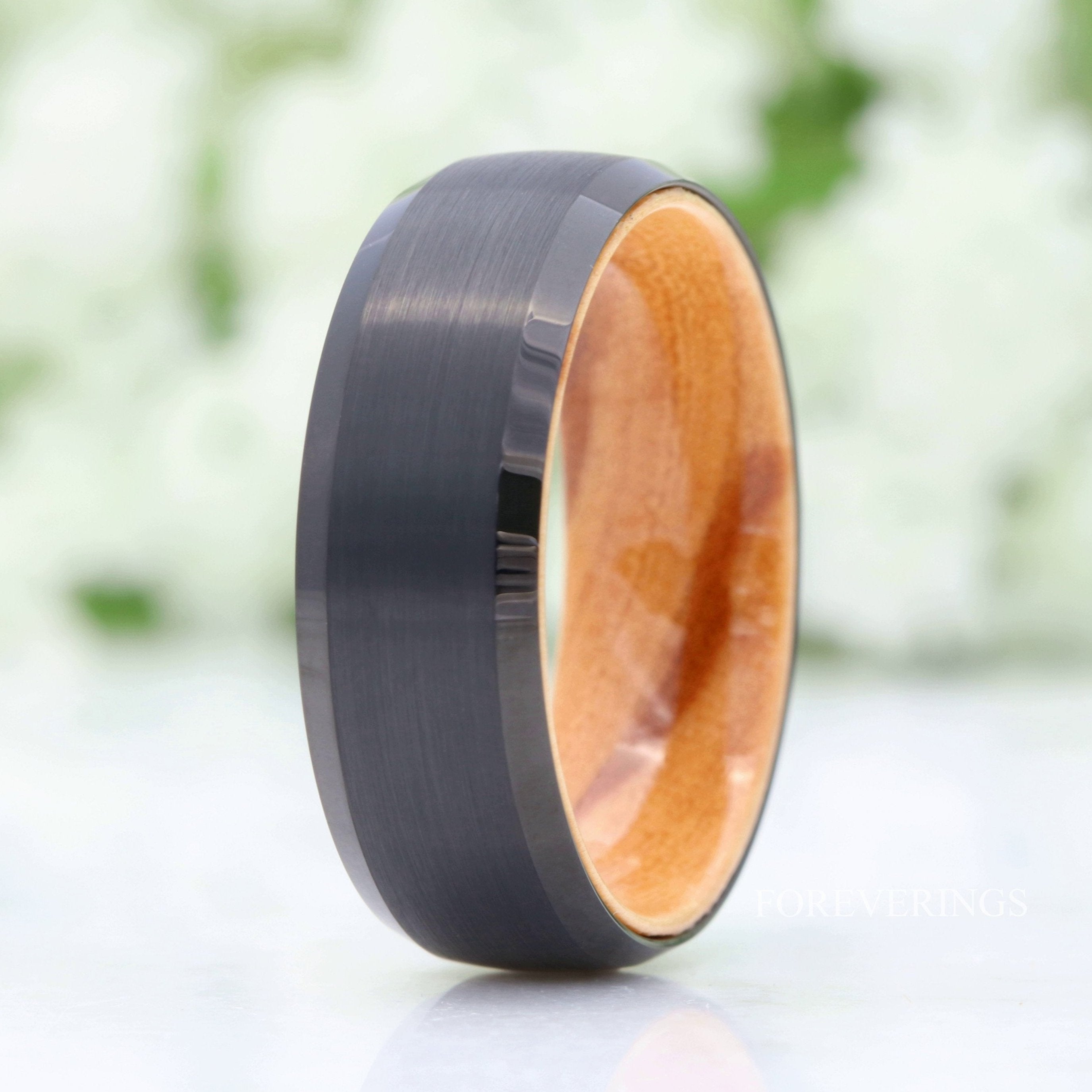 Olive Wood and Tungsten Wedding Band, 8mm Black Band, Matte Brushed, Comfort Fit, Dome, Bevel, Birthday Anniversary Gift for Him