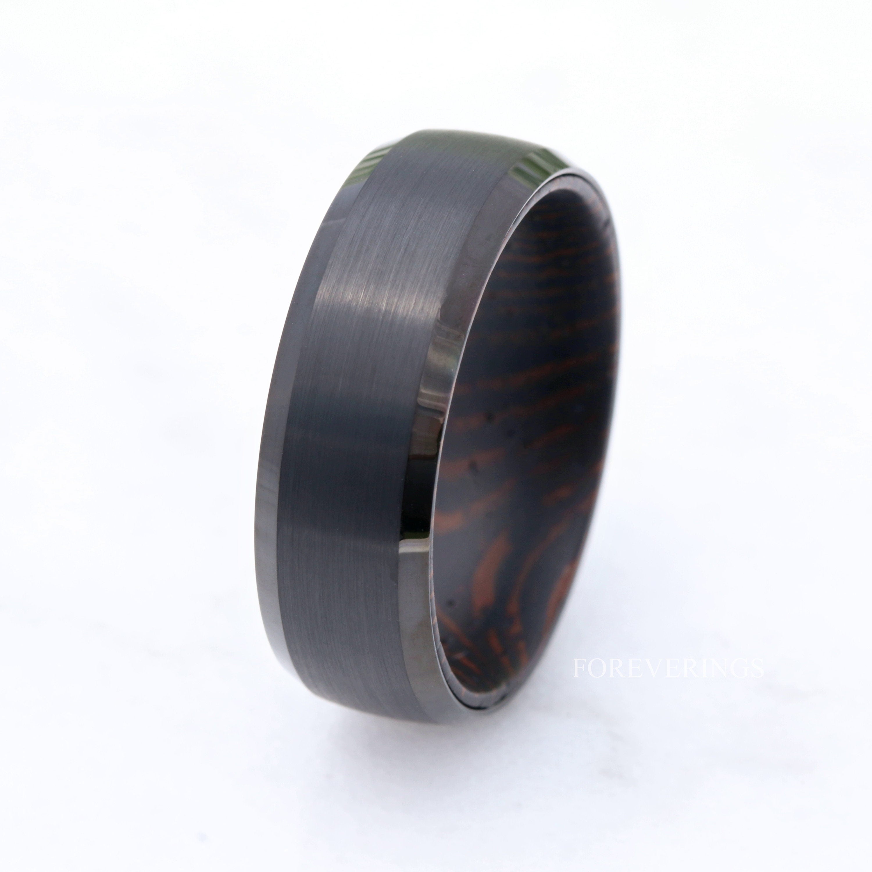 Wenge Wood and Tungsten Wedding Band, Dark Wood Ring, 8mm Black Band, Matte Brushed, Comfort Fit, Dome, Bevel, Gift for Him