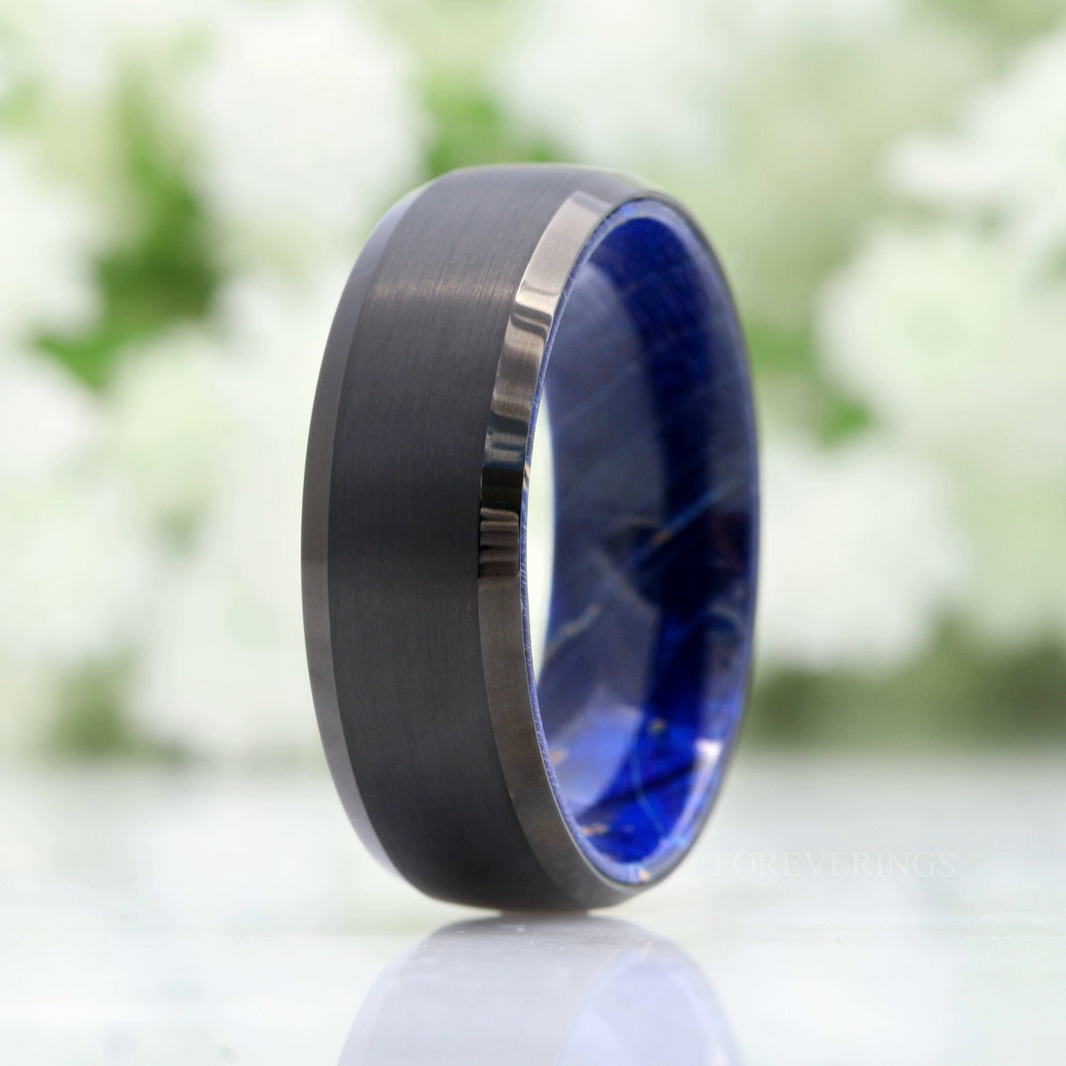 Blue Elder Wood and Tungsten Wedding Band, 8mm Black Ring, Brushed Matte, Dome, Comfort Fit, Beveled Edge, Gift for Him