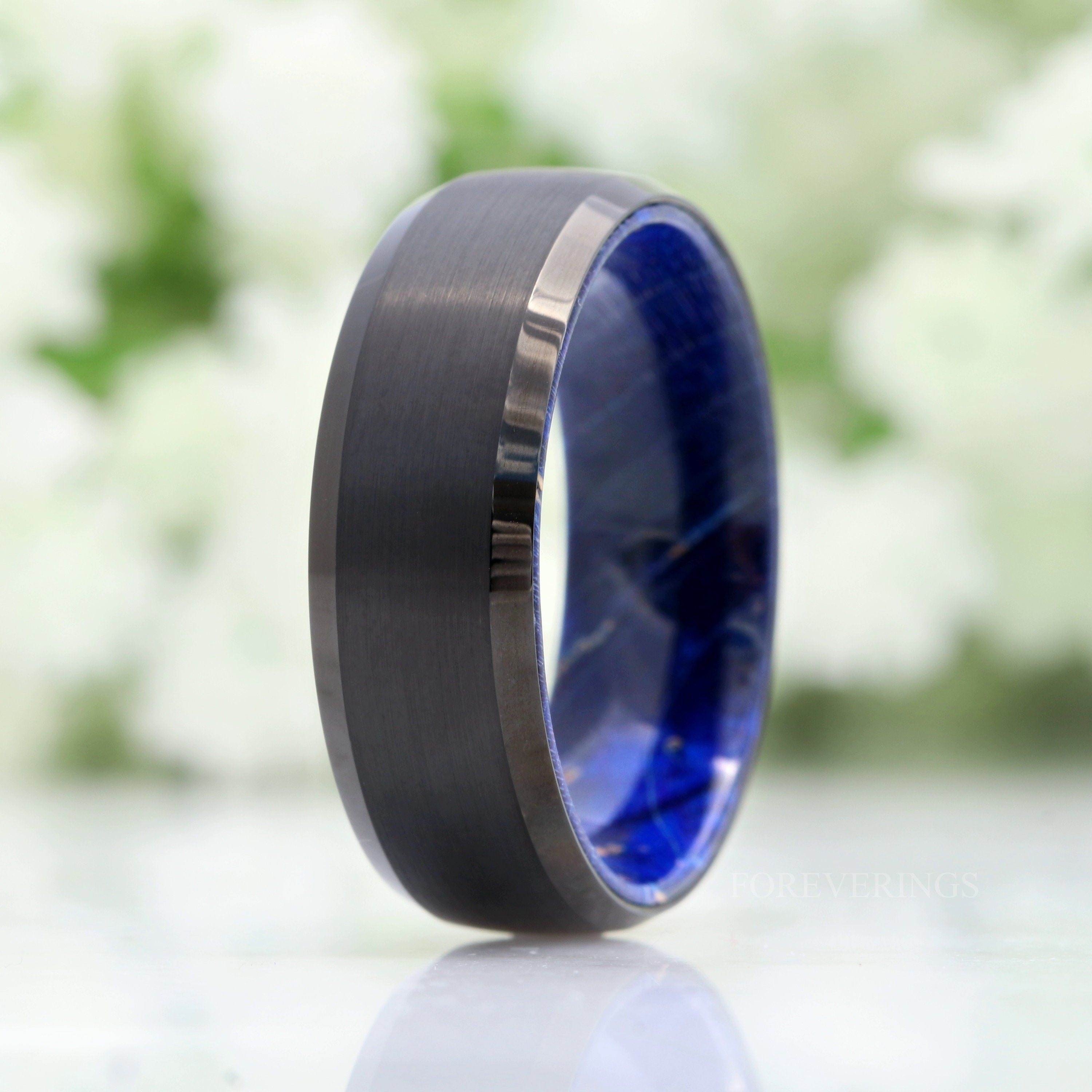 Blue Elder Wood and Tungsten Wedding Band, 8mm Black Ring, Brushed Matte, Dome, Comfort Fit, Beveled Edge, Gift for Him