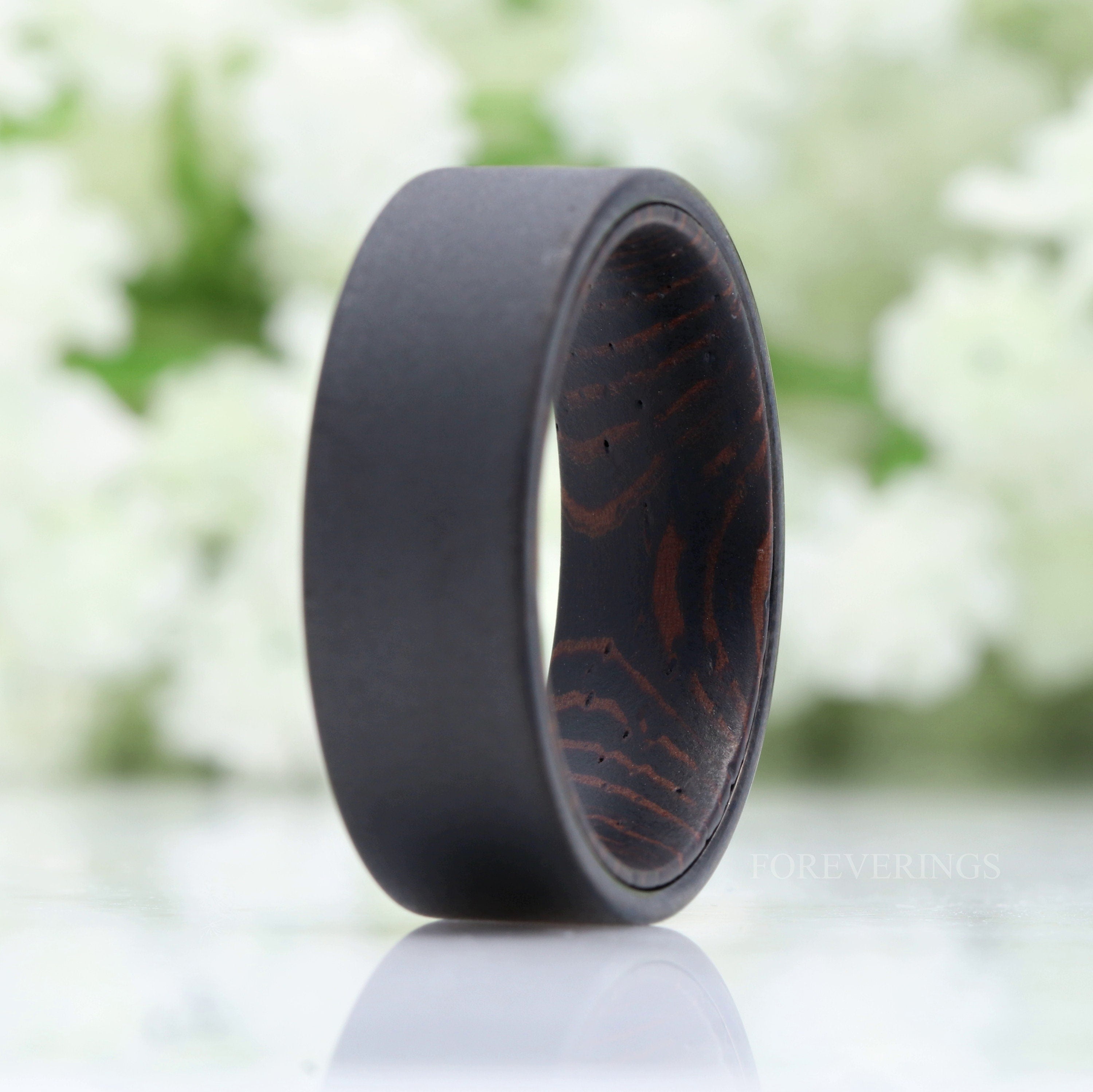 Wenge Wood and Tungsten Ring, Mens Wedding Band, Dark Wood Ring, 8mm Band, Black Band, Sandblasted, Comfort Fit, Flat, Gift for Him