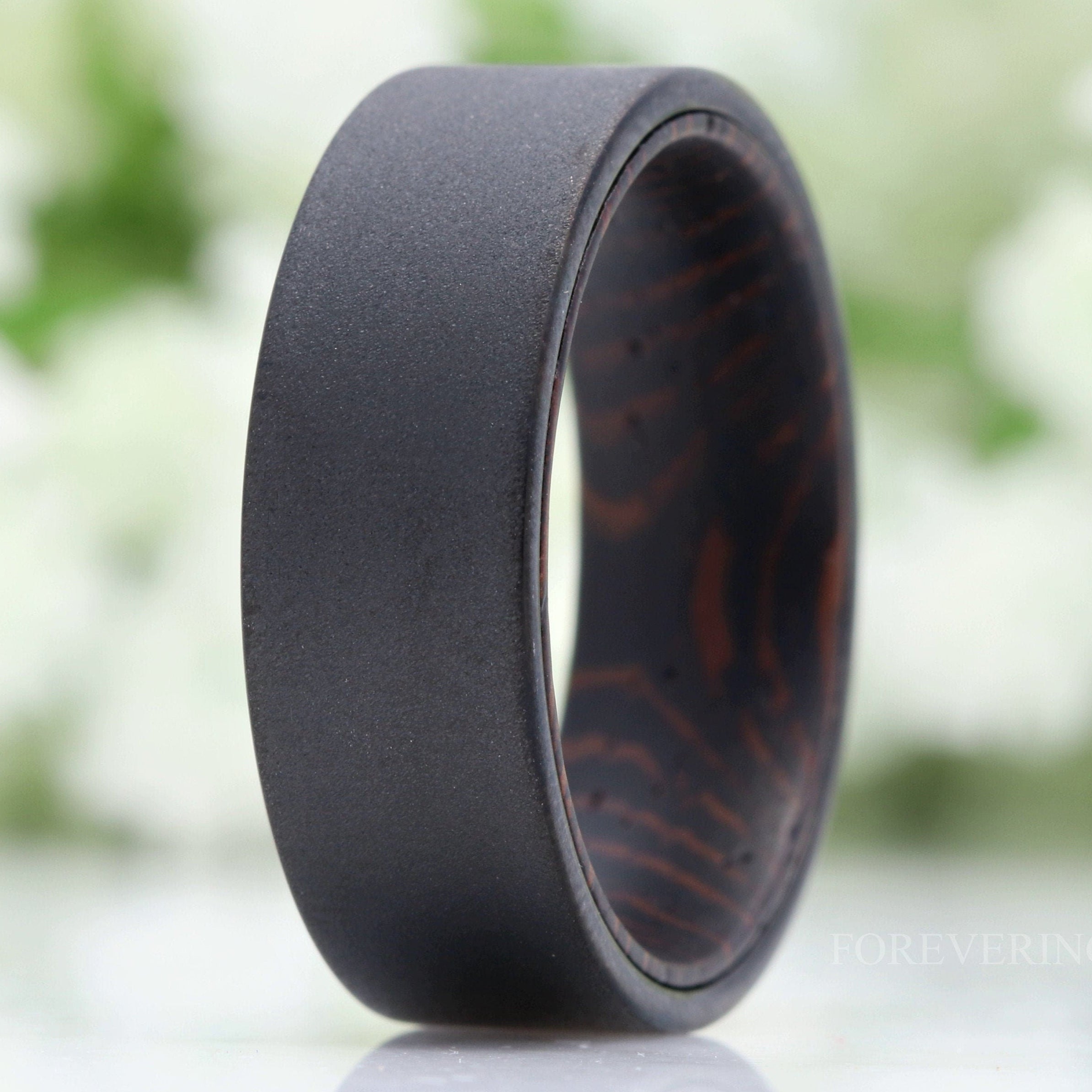 Wenge Wood and Tungsten Ring, Mens Wedding Band, Dark Wood Ring, 8mm Band, Black Band, Sandblasted, Comfort Fit, Flat, Gift for Him