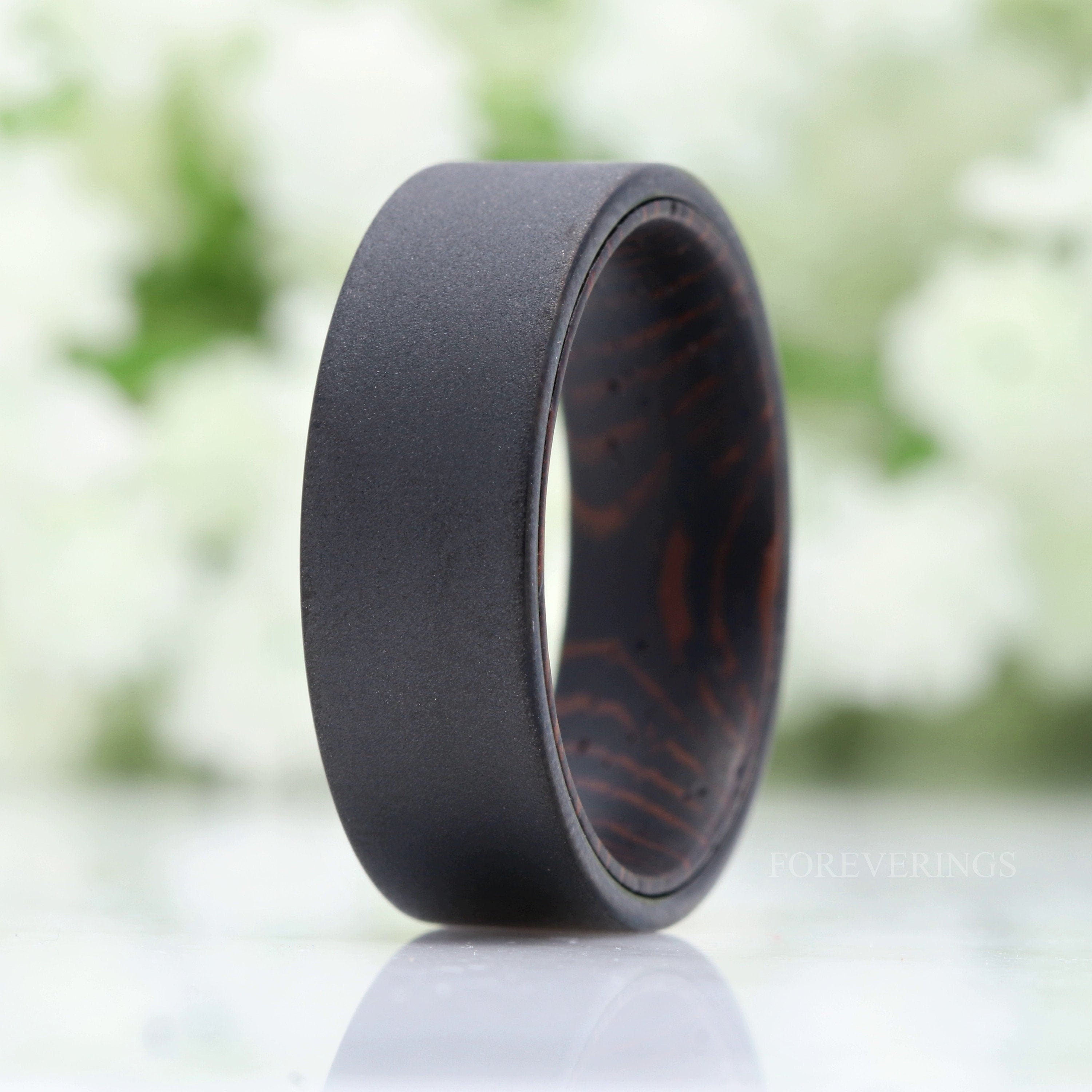 Wenge Wood and Tungsten Ring, Mens Wedding Band, Dark Wood Ring, 8mm Band, Black Band, Sandblasted, Comfort Fit, Flat, Gift for Him