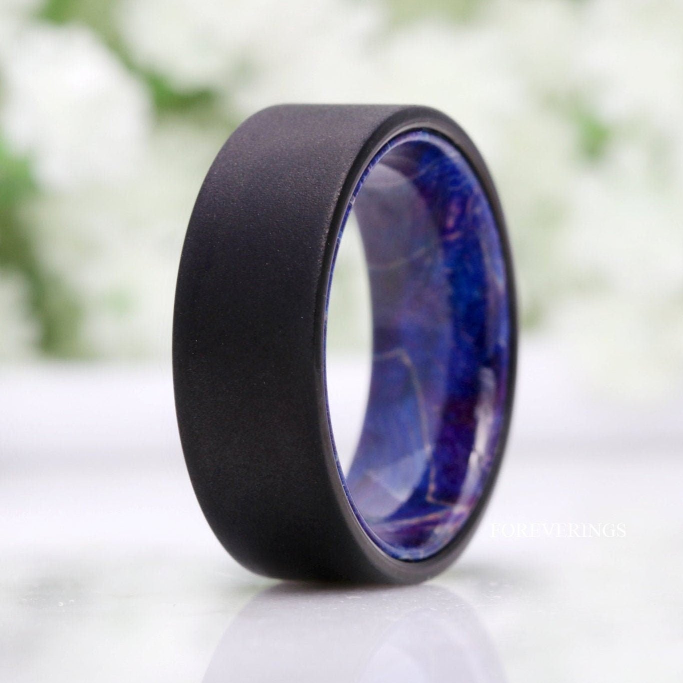 Blue Elder Wood Ring, 8mm Men Tungsten Wedding Band, Wood and Tungsten Ring, Sandblasted Black Ring, Comfort Fit, Flat, Gift for Him