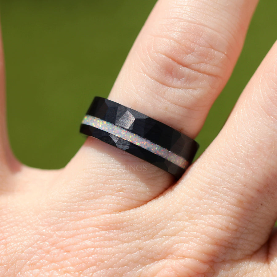 White Fire Opal Mens Wedding Band | 8mm-6mm Black Tungsten