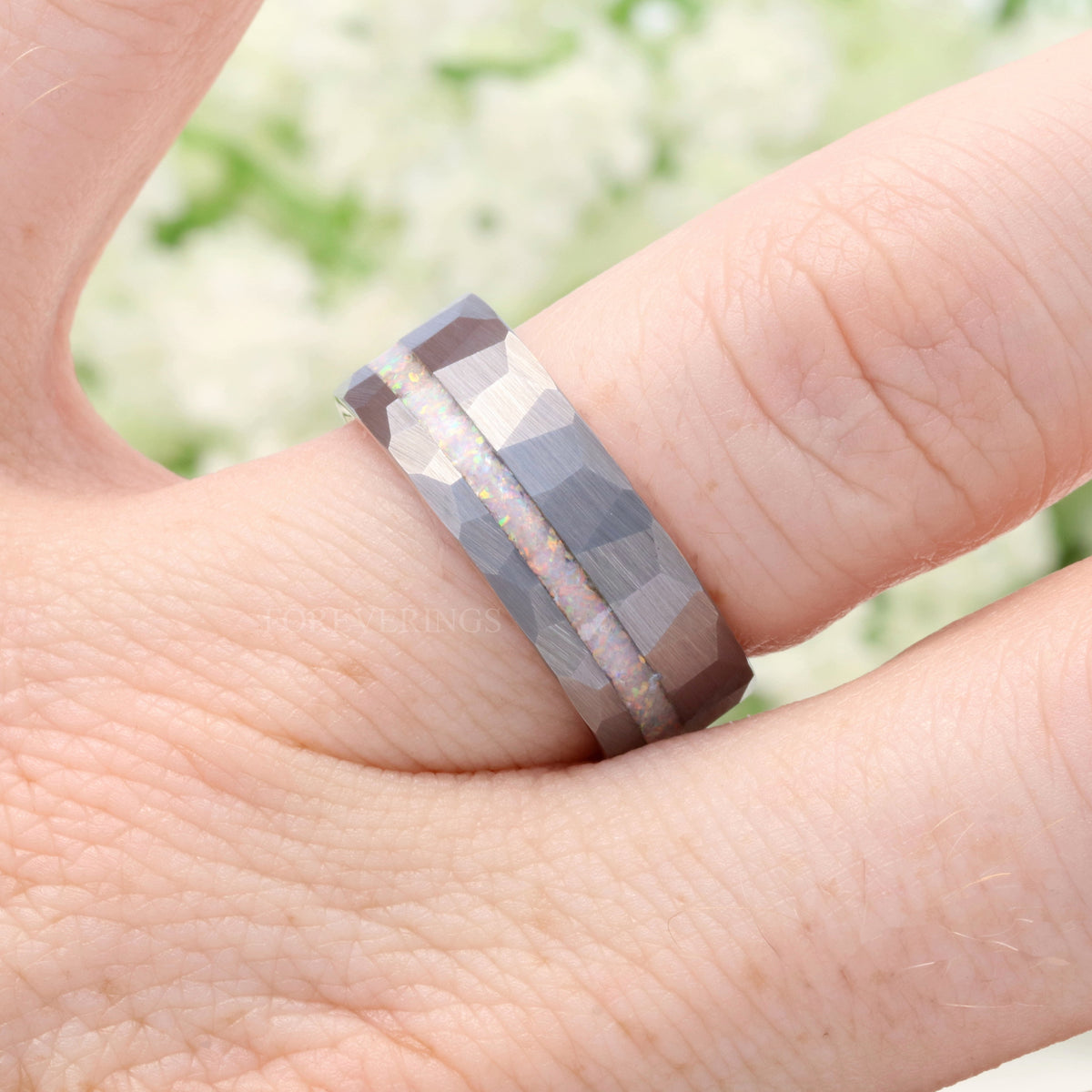 Mens White Opal Ring | 8mm Hammered Two-Tone Rose Gold Tungsten Band