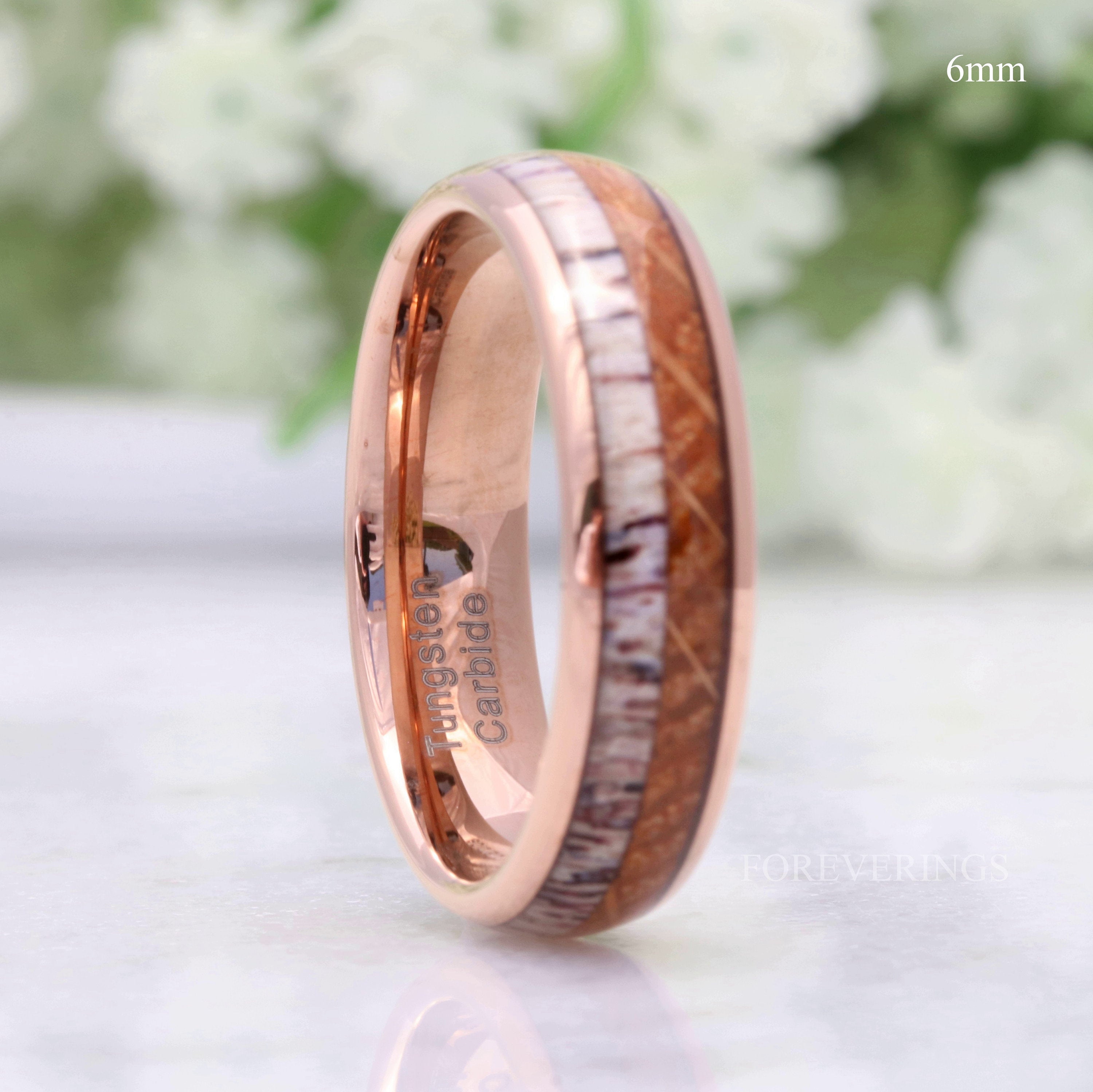 Mens Wood Whiskey Barrel and Antler Ring, Rose Gold Tungsten Ring, Mens Wedding Band, Comfort Fit, Unique Anniversary Gift, Ring Engraving