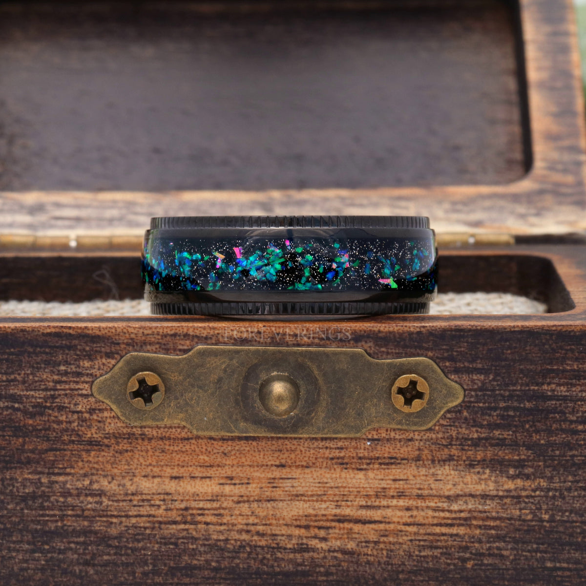Galaxy Opal and Milgrain Black Titanium Ring | Mens Wedding Band