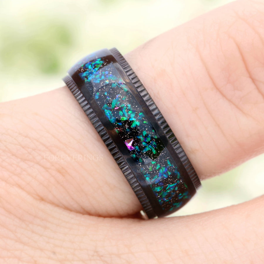 Galaxy Opal and Milgrain Black Titanium Ring | Mens Wedding Band