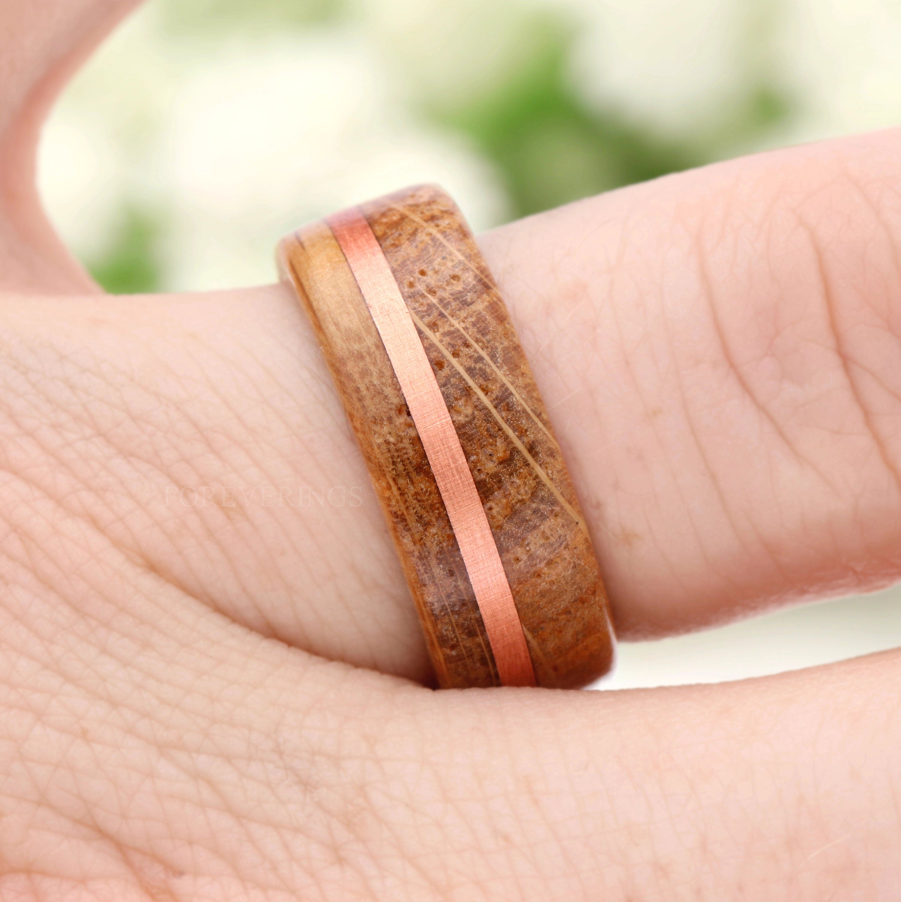 8mm Whiskey Barrel Ring, Men Wood Wedding Band, Wood Ring with Copper Inlay, Polished, Comfort Fit, Flat, Birthday Anniversary Gift for Him