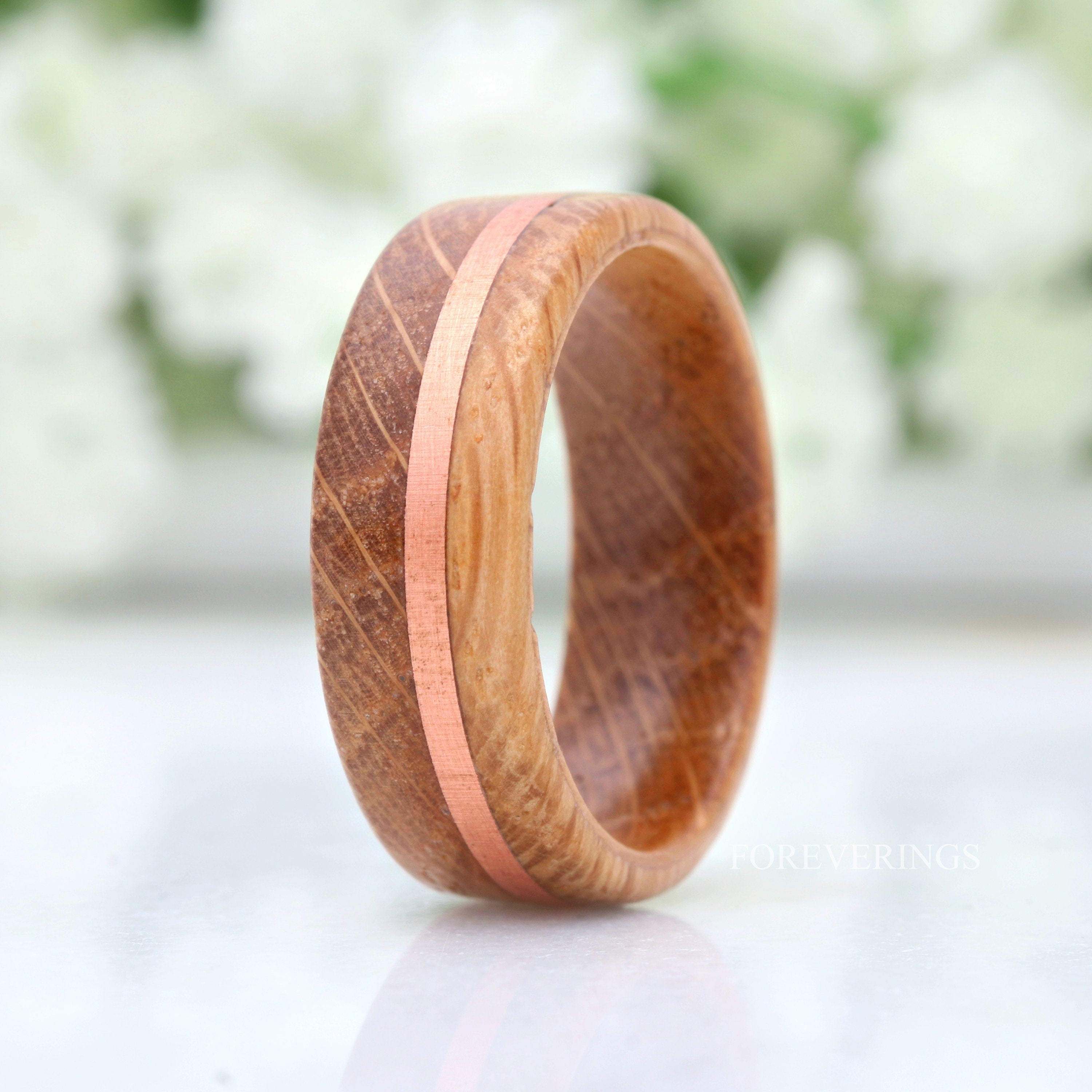 8mm Whiskey Barrel Ring, Men Wood Wedding Band, Wood Ring with Copper Inlay, Polished, Comfort Fit, Flat, Birthday Anniversary Gift for Him