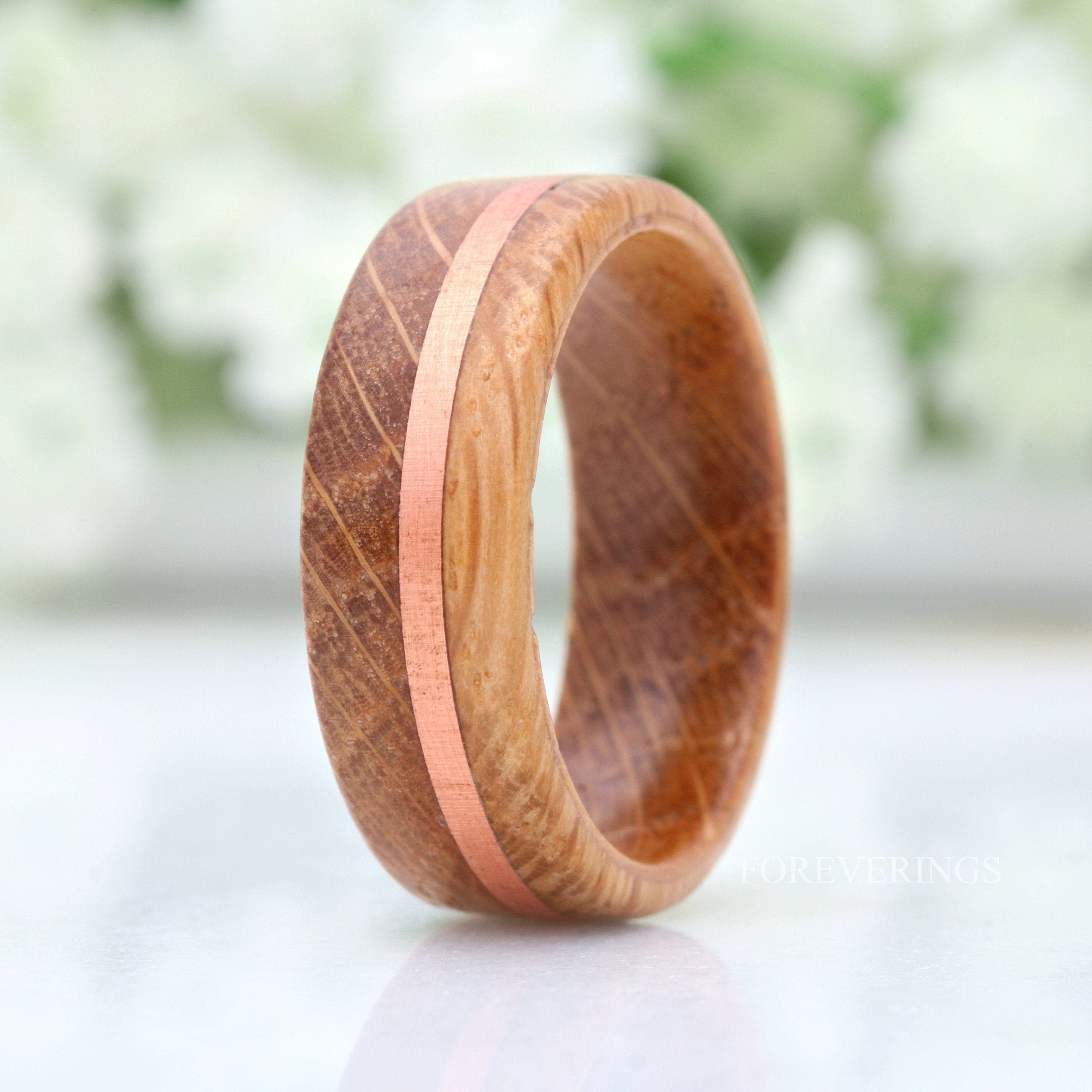 8mm Whiskey Barrel Ring, Men Wood Wedding Band, Wood Ring with Copper Inlay, Polished, Comfort Fit, Flat, Birthday Anniversary Gift for Him