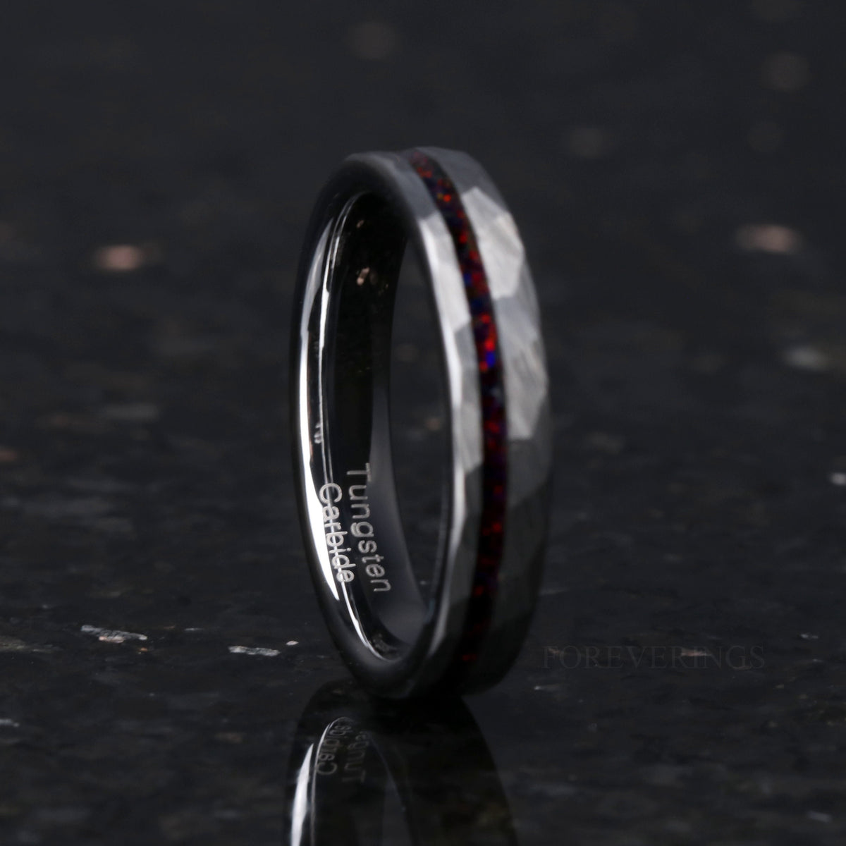 Hammered Black Opal Ring | Tungsten Wedding Band | 4mm