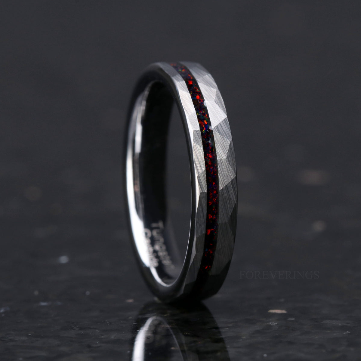 Hammered Black Opal Ring | Tungsten Wedding Band | 4mm
