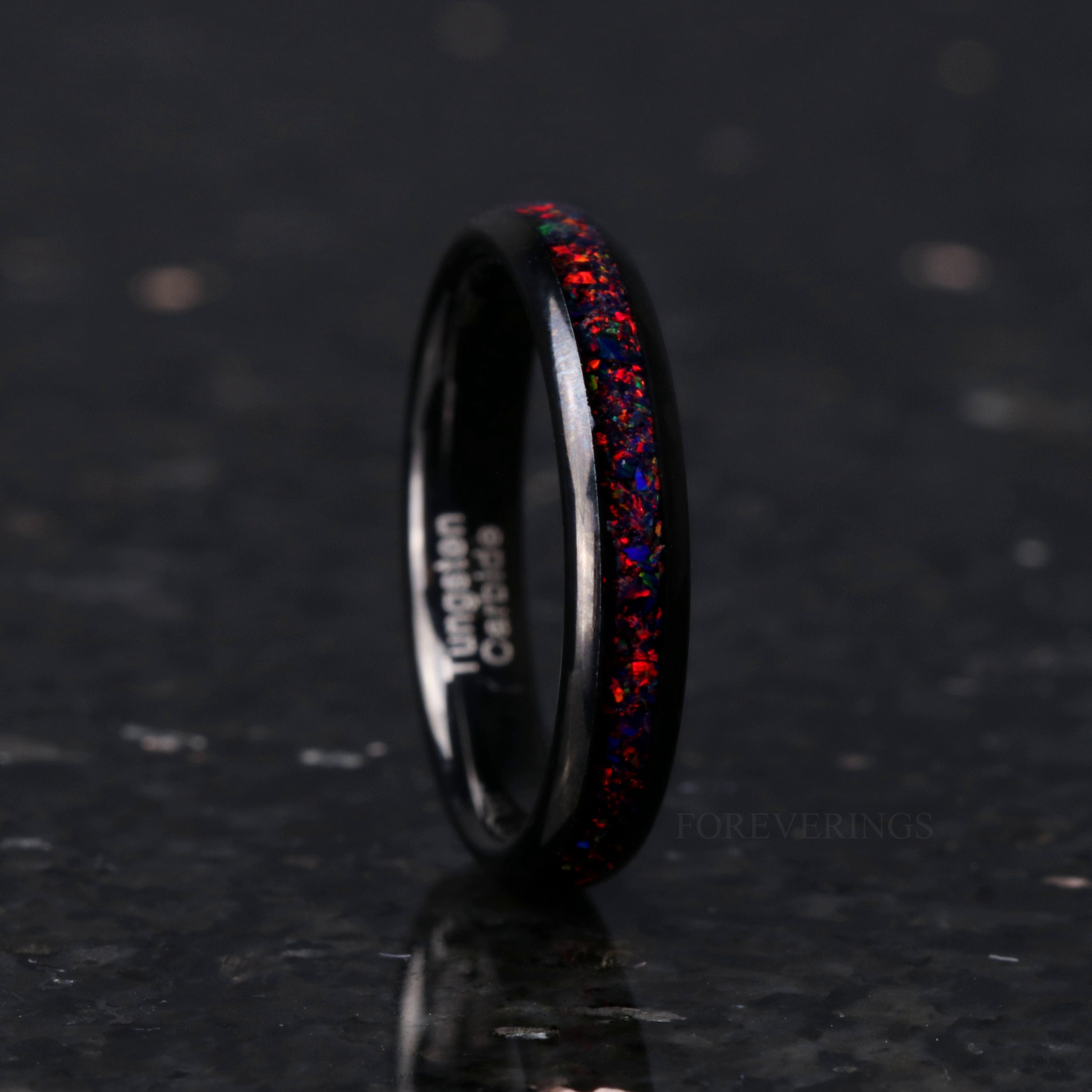 His and Hers Tungsten Wedding Band, 6mm & 4mm Black Rings, Crushed Black Fire Opal Rings, Couples Ring, Polish, Dome, Comfort Fit