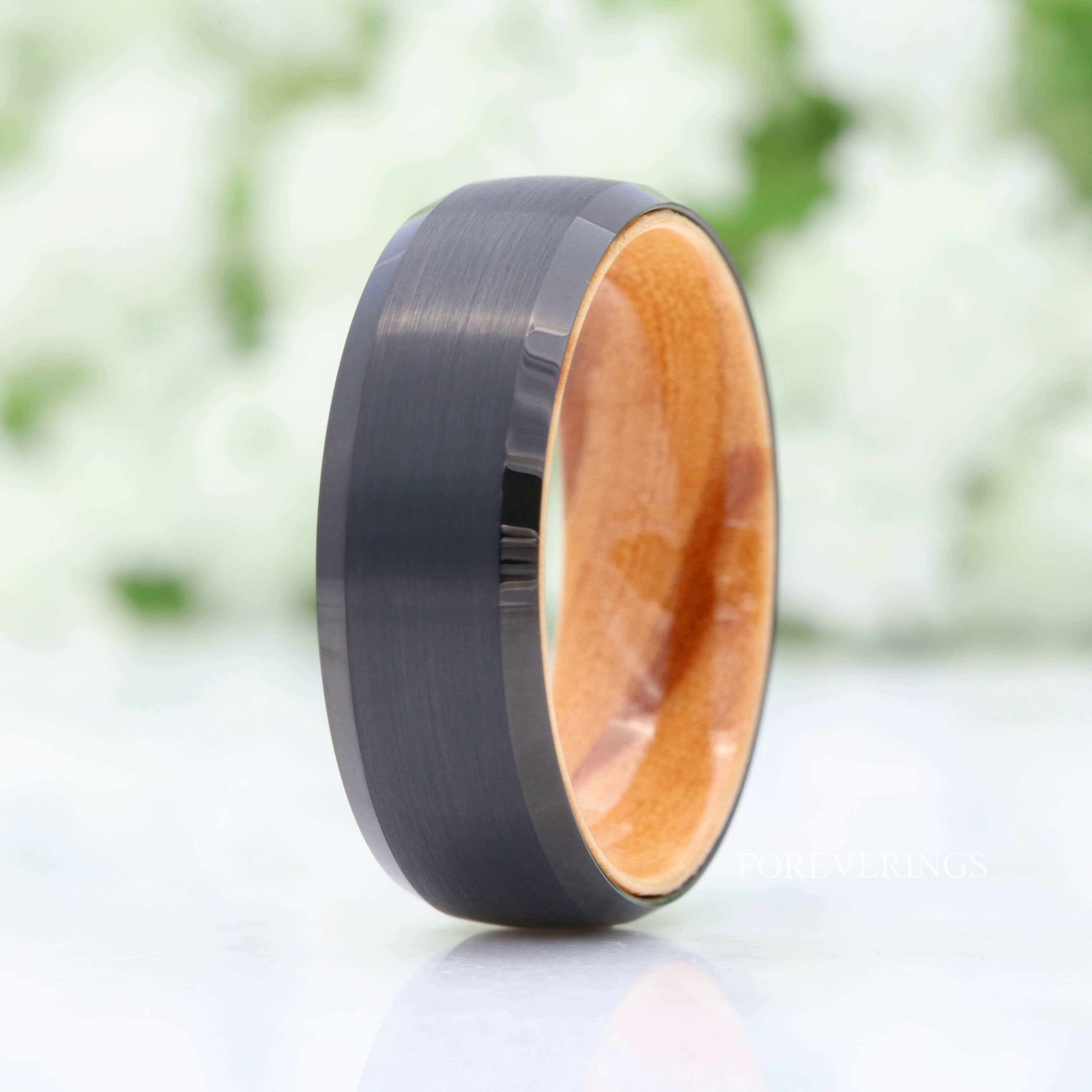 Olive Wood and Tungsten Wedding Band, 8mm Black Band, Matte Brushed, Comfort Fit, Dome, Bevel, Birthday Anniversary Gift for Him