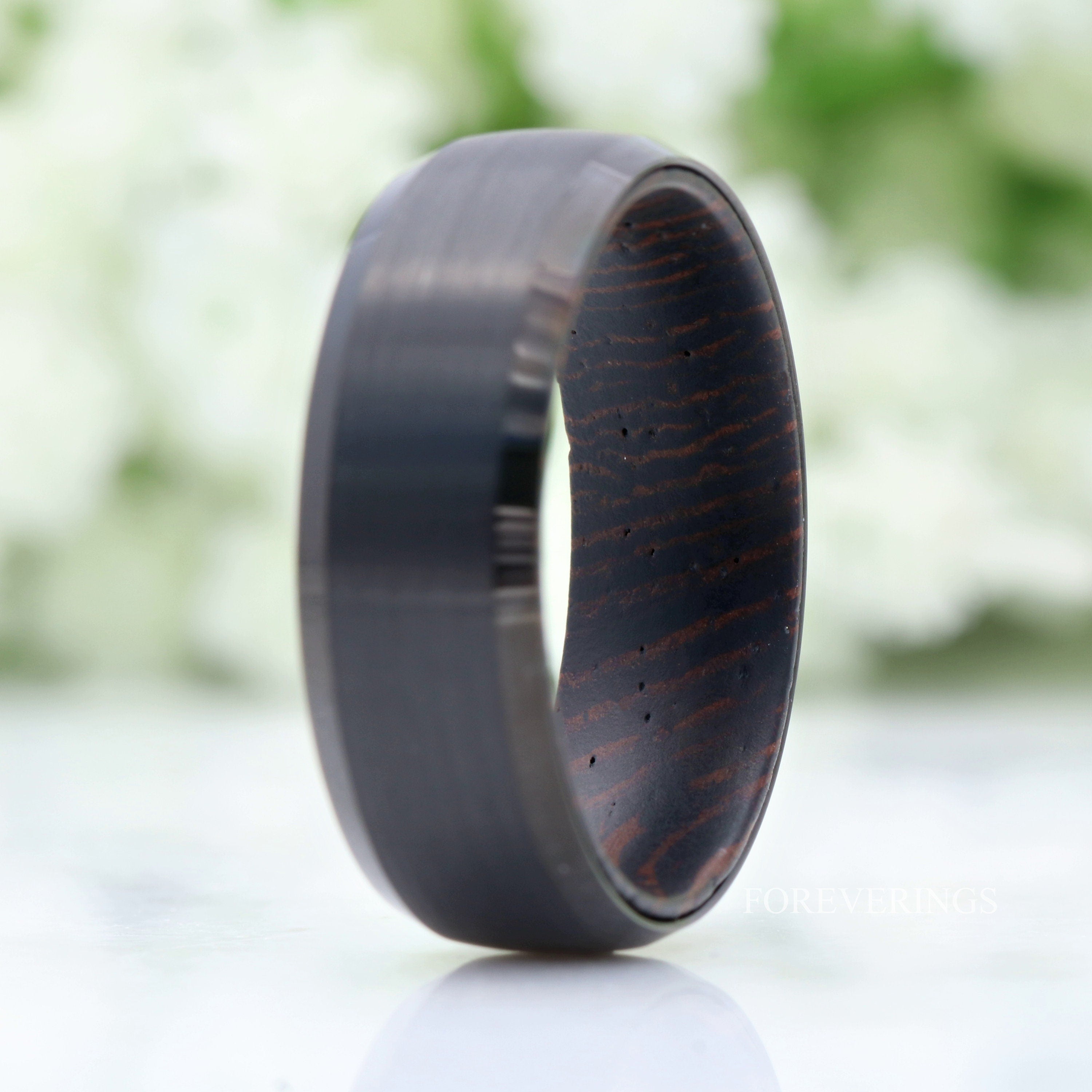 Wenge Wood and Tungsten Wedding Band, Dark Wood Ring, 8mm Black Band, Matte Brushed, Comfort Fit, Dome, Bevel, Gift for Him