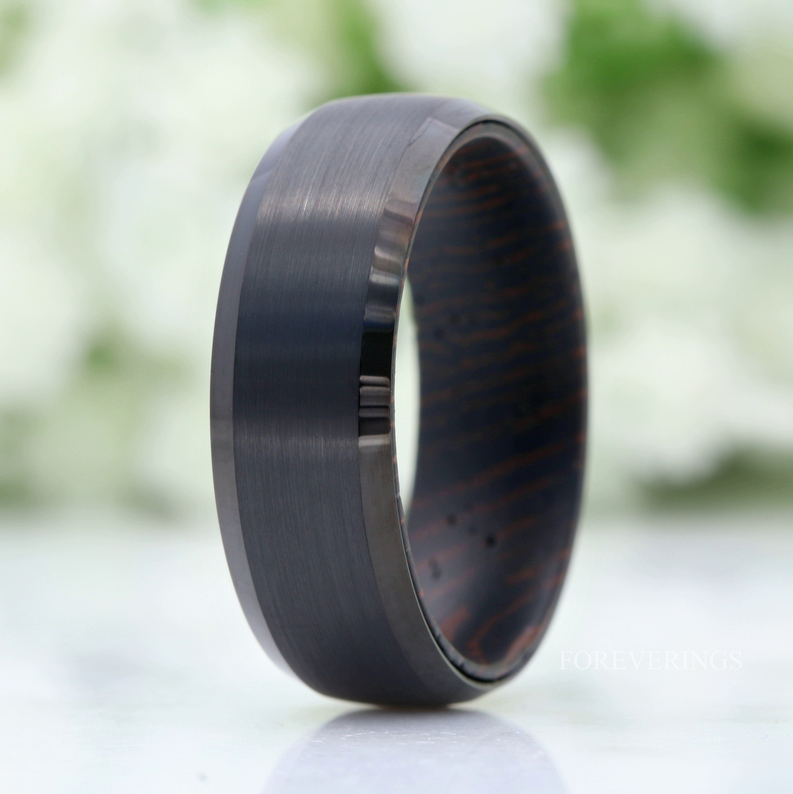 Wenge Wood and Tungsten Wedding Band, Dark Wood Ring, 8mm Black Band, Matte Brushed, Comfort Fit, Dome, Bevel, Gift for Him